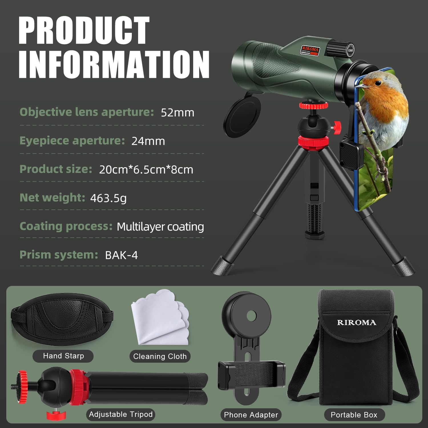 Riroma Monocular - Telescope 12X60 Hd Monocular With Smartphone Adapter Tripod & Portable Bag, Monoculars For Adults High Power With Bak4 Prism & Fmc Lens, Suitable For Bird Watching Hunting Hiking Camping