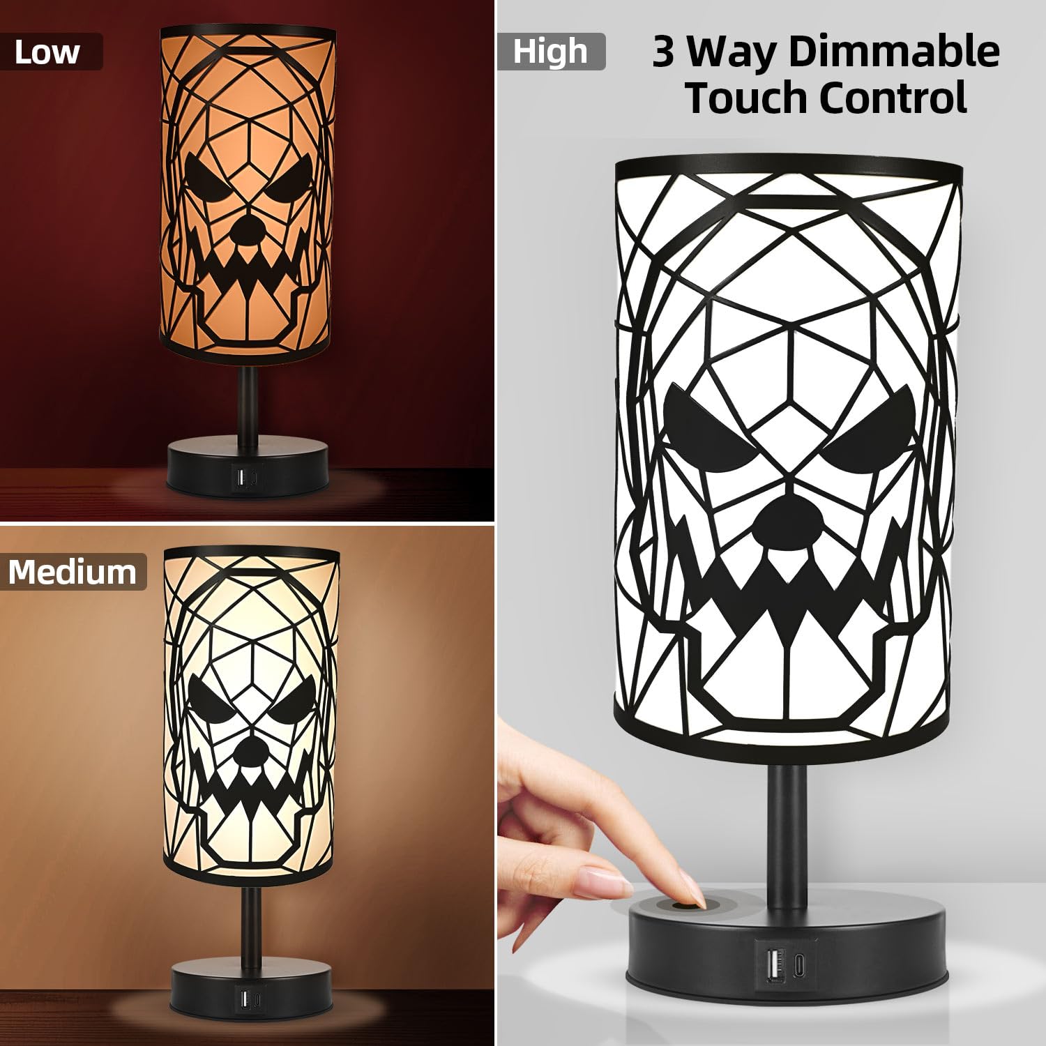 Lampylife Black Skull Lamps For Bedroom: Skeleton Lamp 3-Way Dimmable Touch Control Table Lamp For Gothic Decor,Anniversary Birthday Halloween Christmas Decorations Skull Light