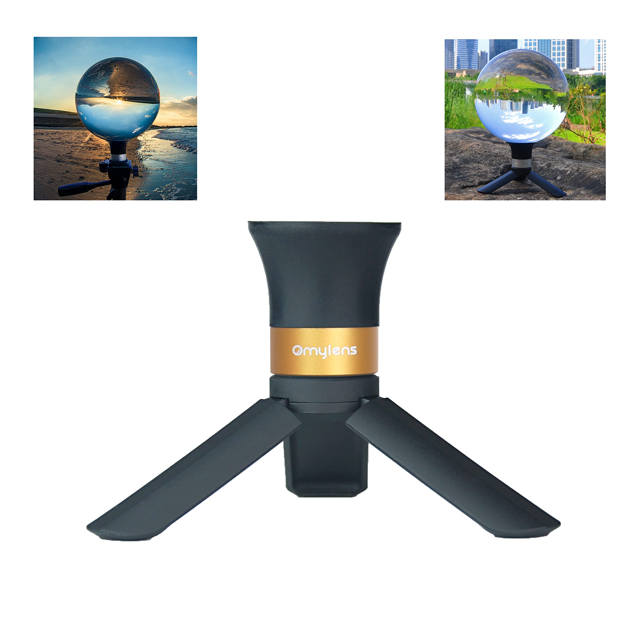 Omylens Lens Ball Stand Supports 60Mm/2.36" To 150Mm/5.9" Crystal Ball, Spherical Display Standing, Silicone Suction Cup+Golden Alumina Base (1/4"-20 General Internal Thread) + Mini Tripod