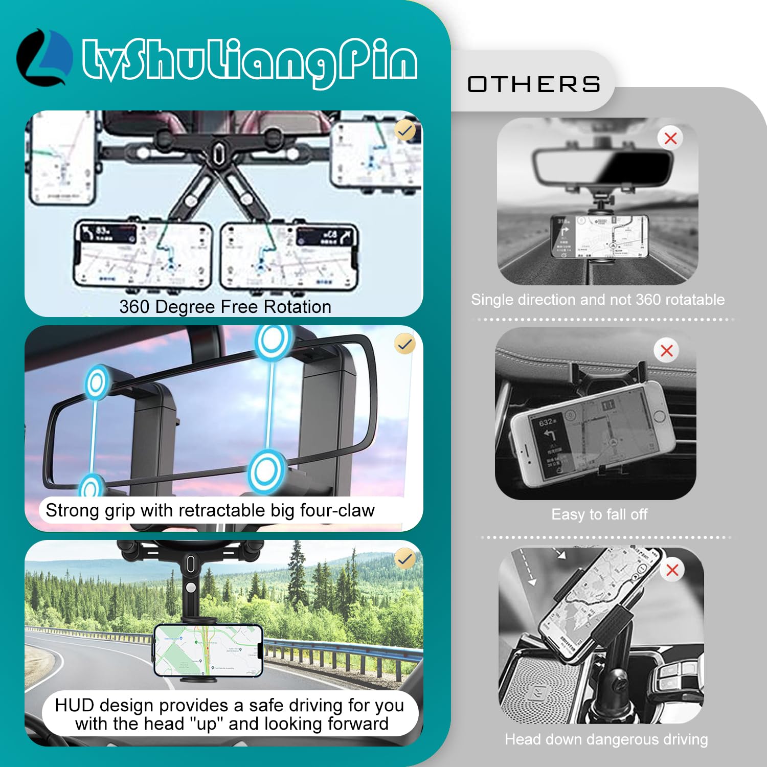 Lvshuliangpin Rearview Mirror Phone Holder For Car, 360° Rotating Rear View Mount With Adjustable Arm Length,  Four Corners Fixed Anti-Shake Multifunctional Design For All Smartphones