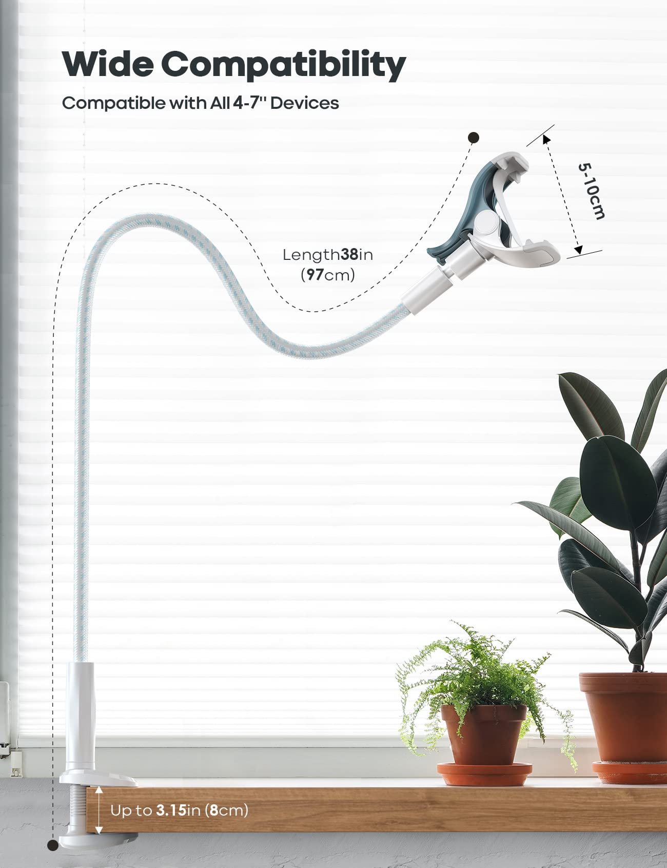 Lamicall Gooseneck Phone Holder Bed - [Nylon Braided] Flexible Arm, Overall Length 38Inch, 360 Adjustable Clamp Clip, Overhead Cell Phone Mount Stand For Bed, Blue White