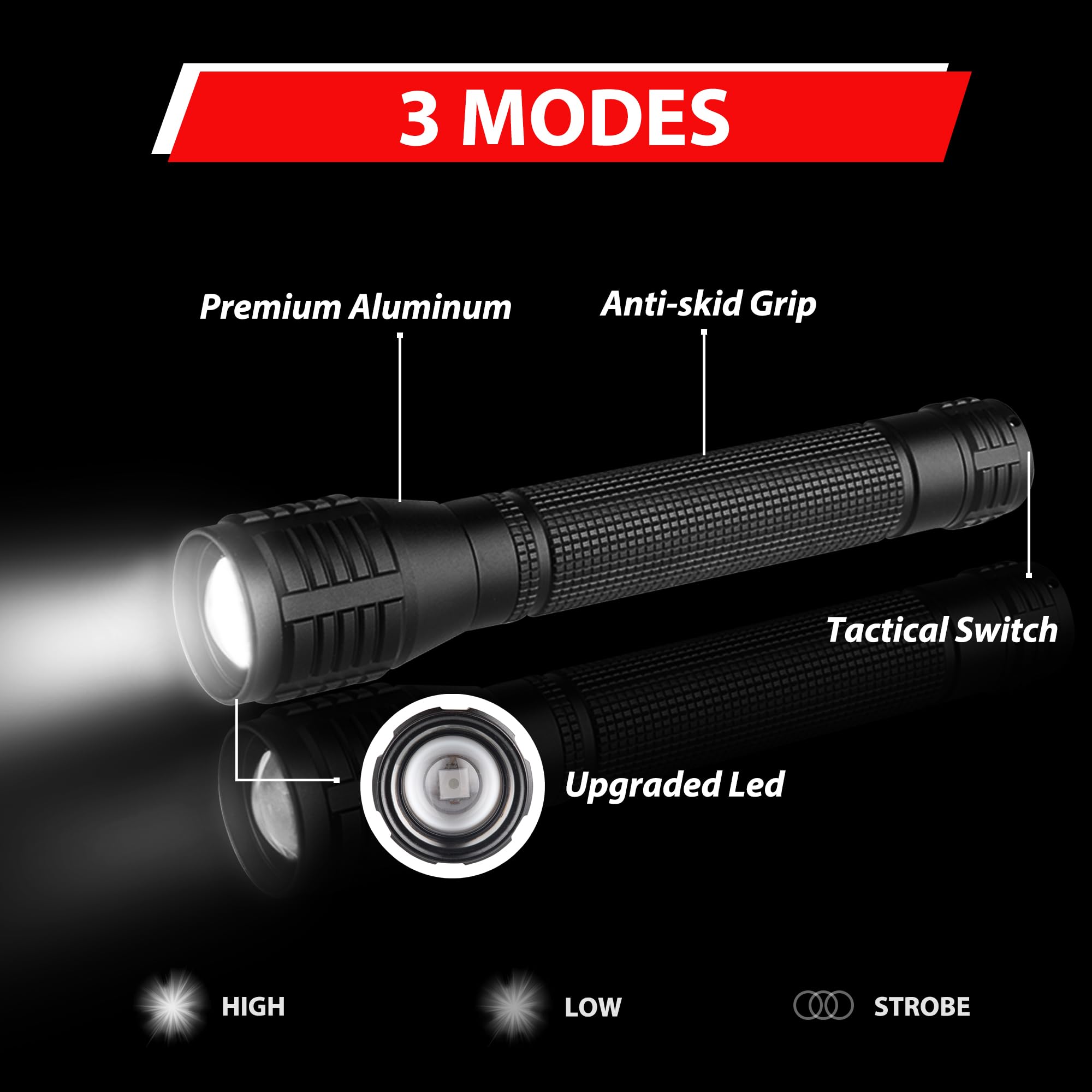 Xysrz Led Flashlight - 3 Modes, High Lumens,Super Bright, Powerful, Zoomable Handheld Torch Light For Camping Outdoor & Emergency Everyday Use (2-Pack)