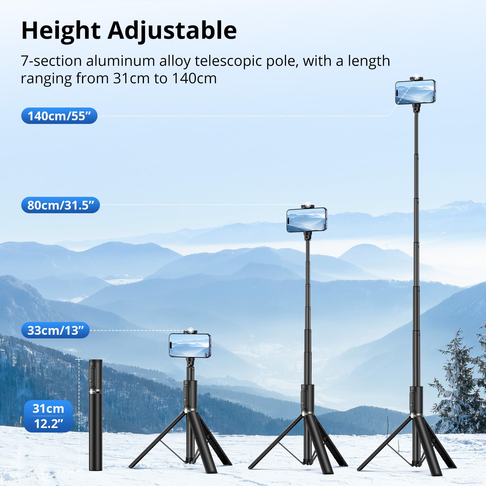 Syncwire 55" Selfie Stick Phone Tripod, All-In-One Extendable Aluminum Cell Phone Tripod Stand Travel Tripod With Rechargeable Bluetooth Remote, Compatible With Iphone, Samsung And More Android Phone