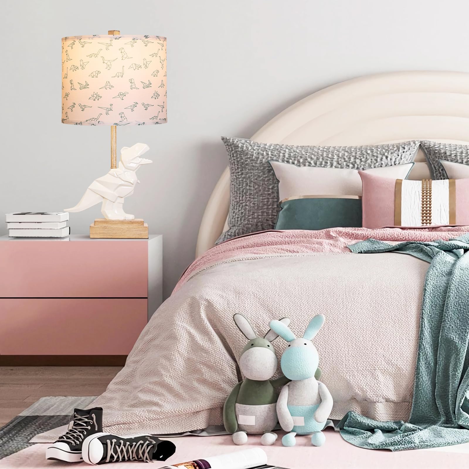 Hamucd Kids Dinosaur Table Lamp For Boys Girls Bedroom 23" Bedside Lamp For Children Cute Small White Nightstand Lamp For Nursery(Led Bulb Included)