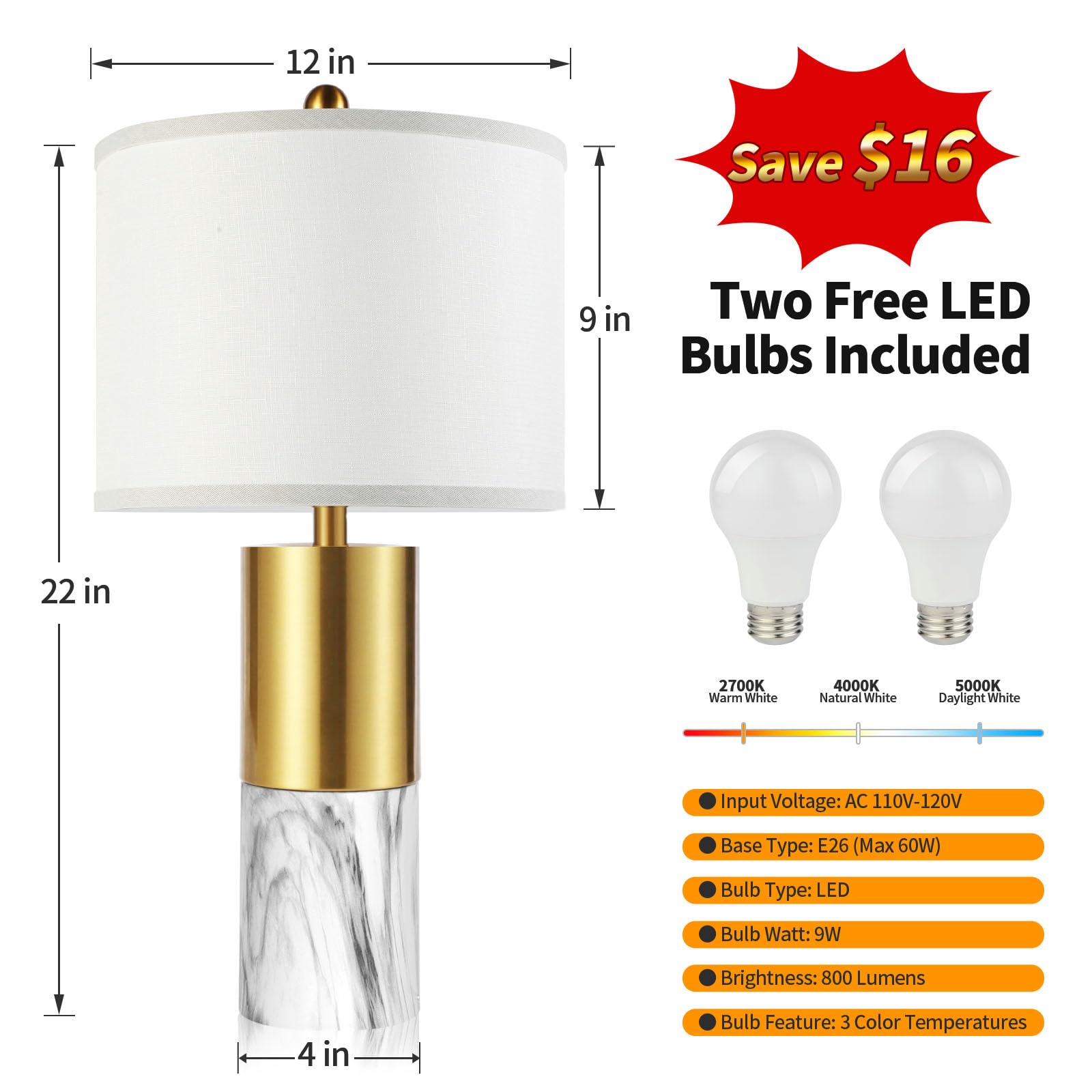 Ghoocemlux 22" Faux Marble Table Lamps Set Of 2, Modern 3-Color Temperature Table Lamps With Fabric Shades, Contemporary Bedside Nightstand Lamps For Living Room Bedroom (2 Led Bulbs Included) - White & Gold
