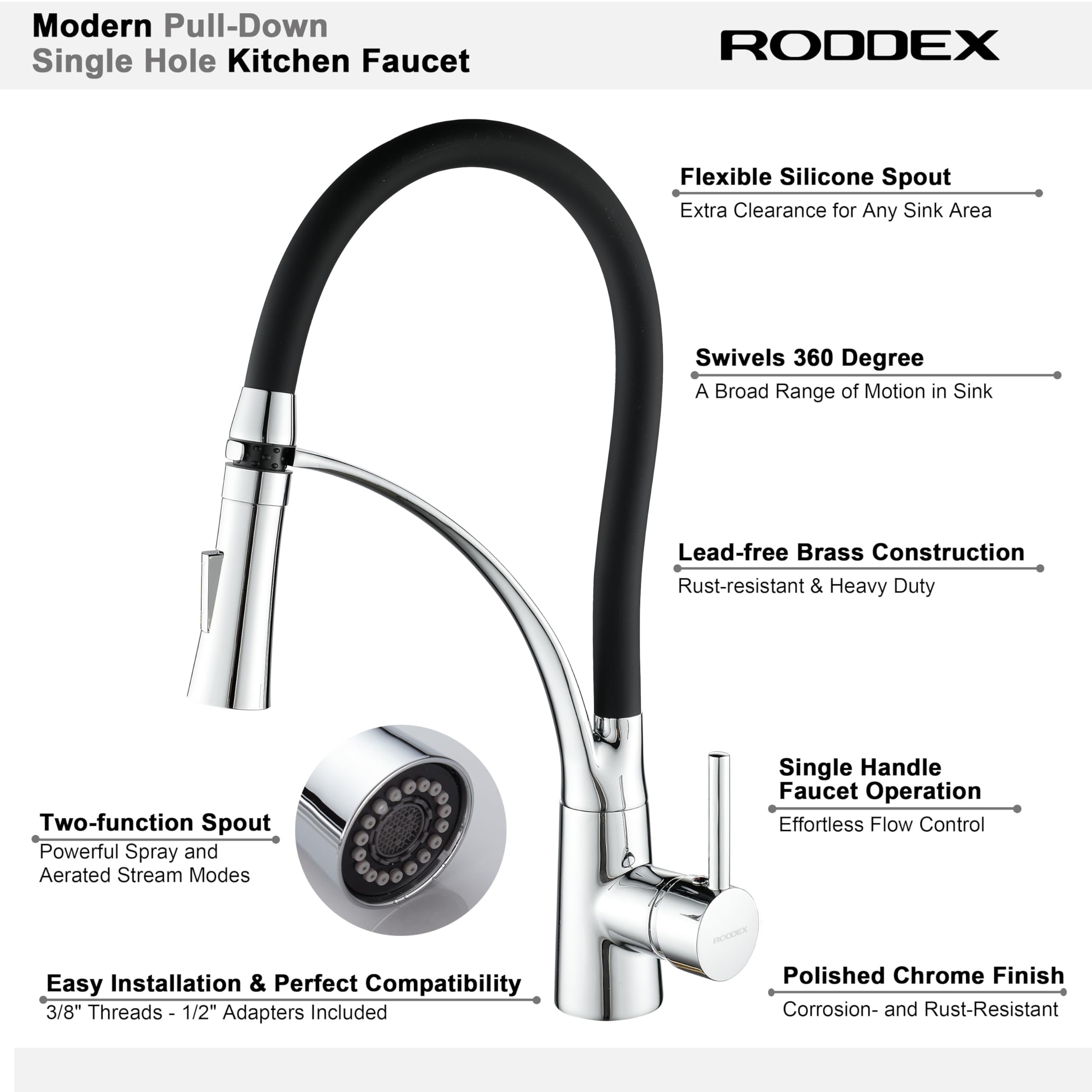 Roddex Pullout Kitchen Faucet Flexible Silicone Sprayer Single Handle Pull Down Brass Gooseneck Kitchen Sink Faucet Modern High Arc Faucet, Polished Chrome W/Black Rubber Pull Out Spout Hose