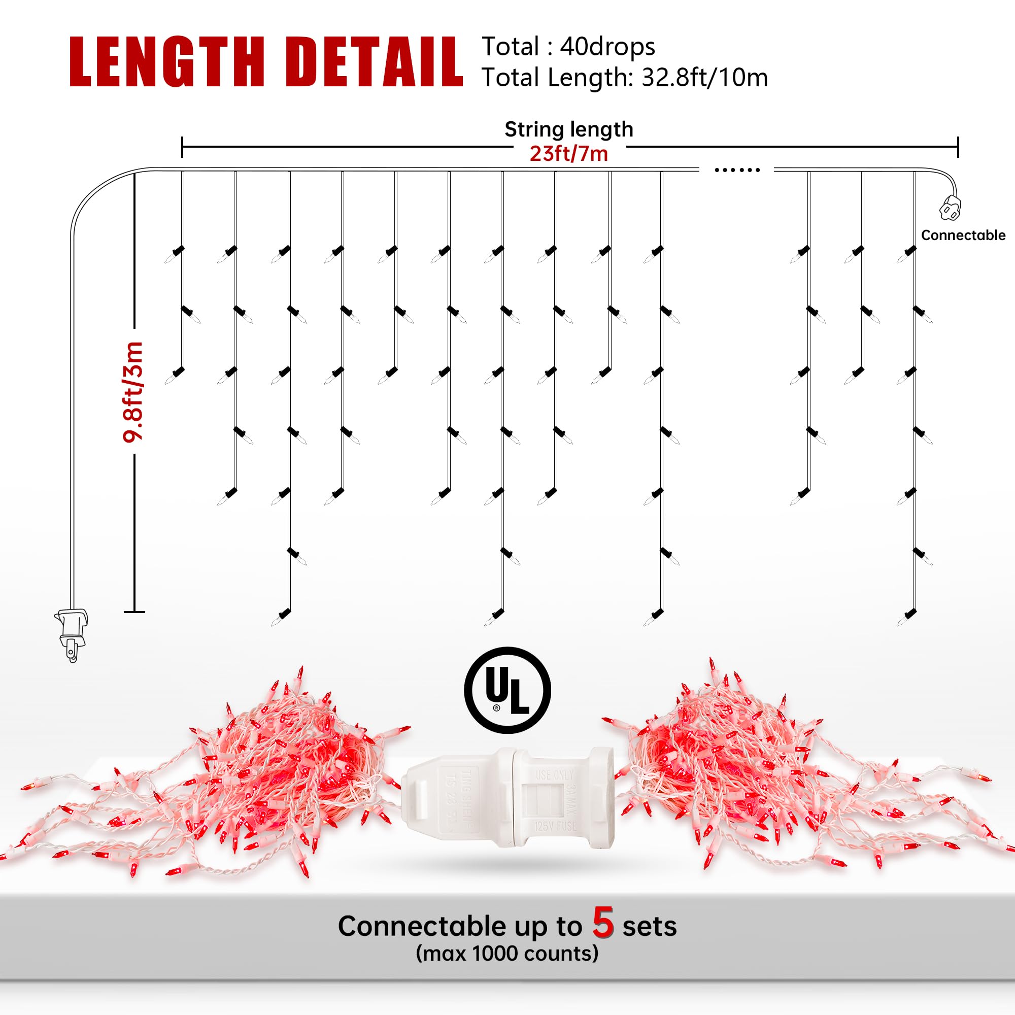Oopswow Youngar 23Ft 200 Icicle Christmas Lights, Waterproof Connectable Twinkle Fairy Lights For Indoor Outdoor Fireplace Wedding Decorations (Red)