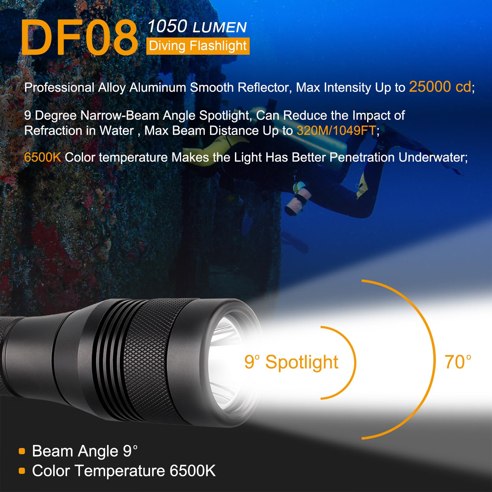 Securitying Waterproof 1000 Lumens Led Diving Flashlight Underwater 150M Super Bright Led Scuba Light, 9 Degrees Narrow-Angle Beam Diving Safety Light Night Dive Torch