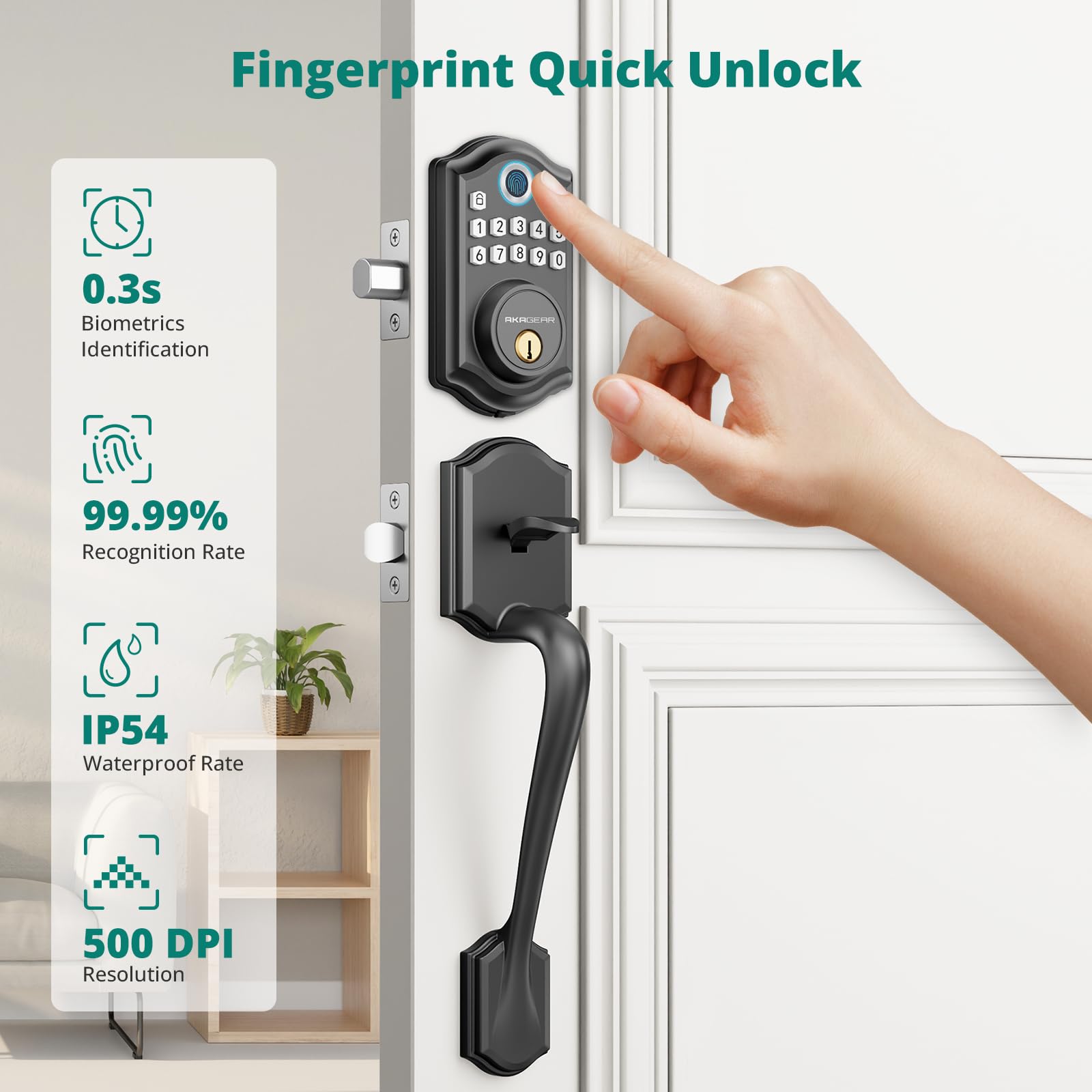 Akagear Ds10 Keyless Entry Door Locks - Keypad Lock With Handle Set, Fingerprint Deadbolt, Smart Locks For Front Doors, Auto-Lock & One Touch Locking, 2 Keys, Easy Installation