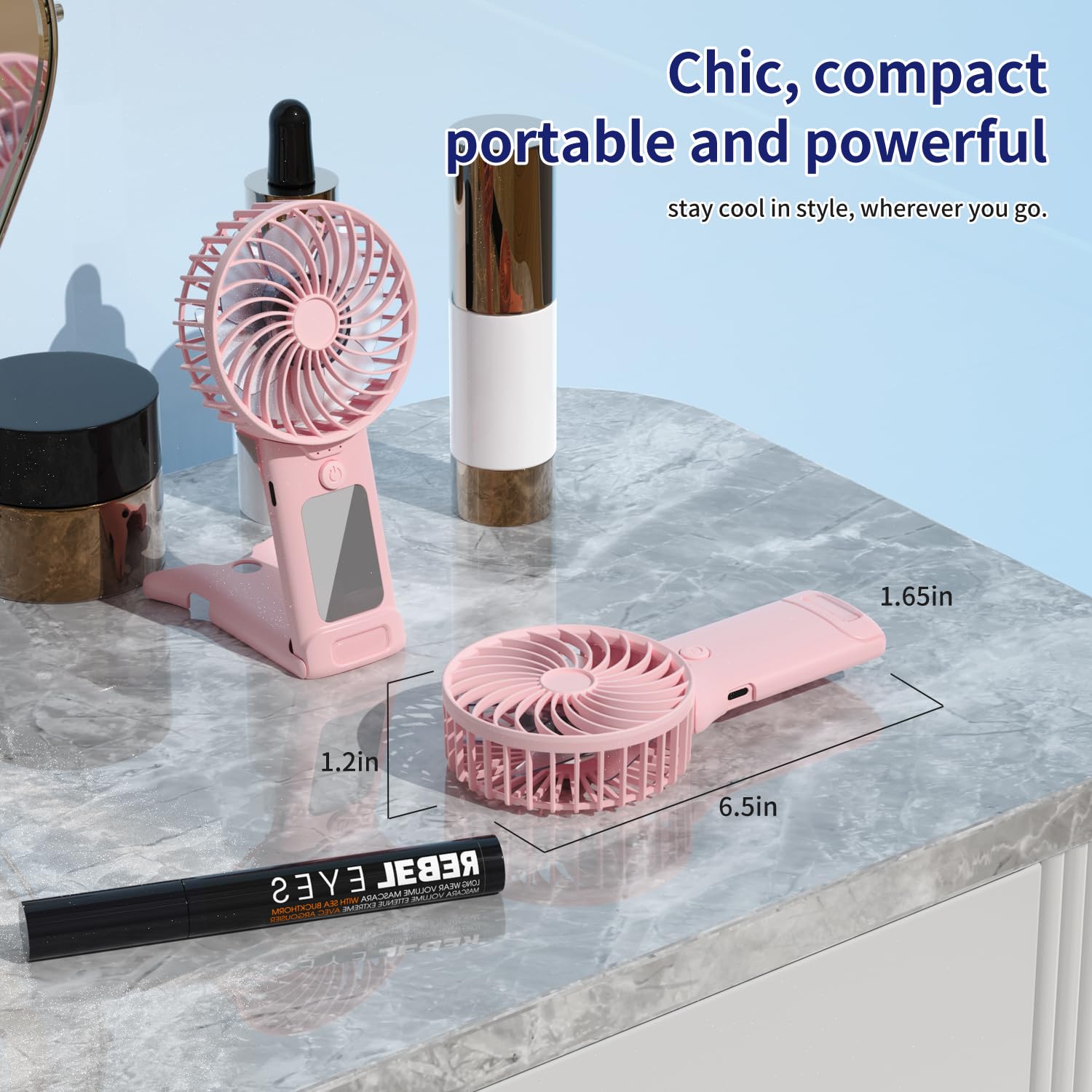 Portable Mini Fan With Mirror, Usb Rechargeable, Pocket 4-Speed Cooling, Up To 15 Hours, Compact