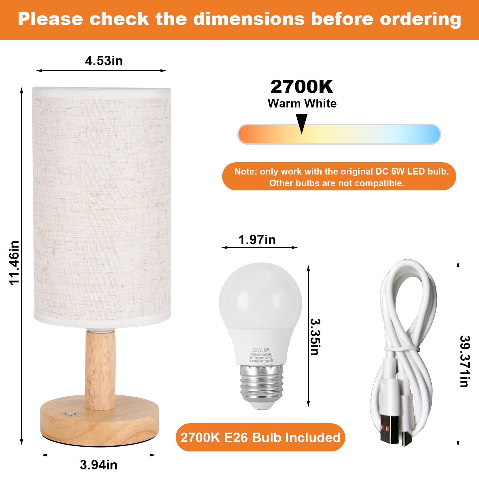 Seensiny Small Corded Touch Bedside Table Lamp With Stepless Dimming, Natural Round Wood Base & Linen Fabric Shade, Usb-Powered Cozy Ambient Night Light For Bedroom, Nightstand,Kitchen, Nursery,Camping