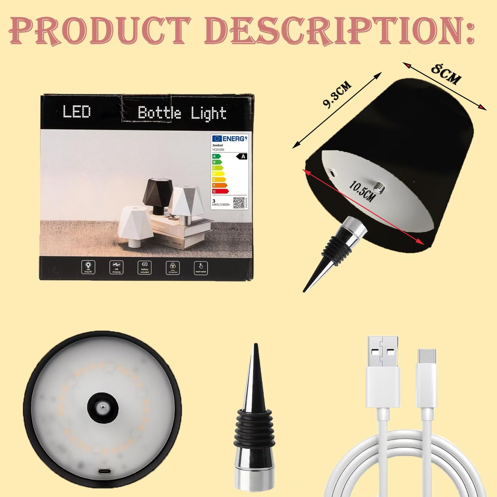 Neioaas Wireless Bottle Lamp, 3 Color Stepless Dimming Usb Rechargeable Wine Bottle Lights, Touch Led, Silver