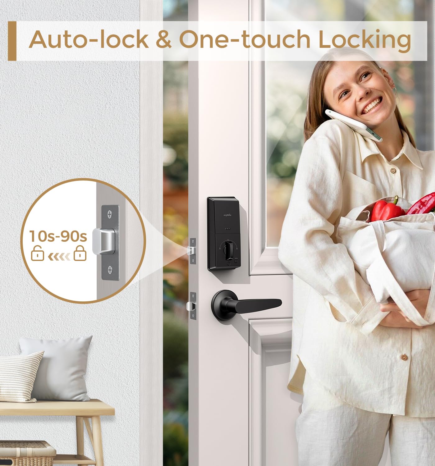 Arpha Keyless Entry Door Lock With 2 Handle Set - Bluetooth Smart Lock - Electrionic Keypad Door Lock With Handle - App Control Front Door Lock Set - Anti Peeping Password - Auto Lock