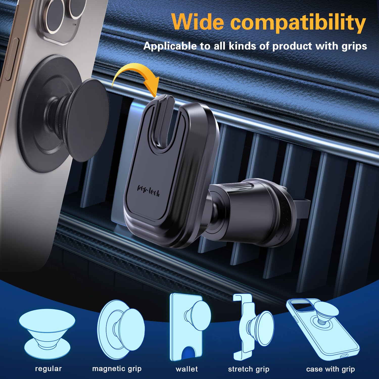 Pop-Tech Car Vent Phone Mount For Thick Socket Grip, Air Vent Clip Phone Holder Compatible With Magsafe Wallet Black & Iphone Samsung Card Holder, Cellphone Stand With Sticky Adhesive