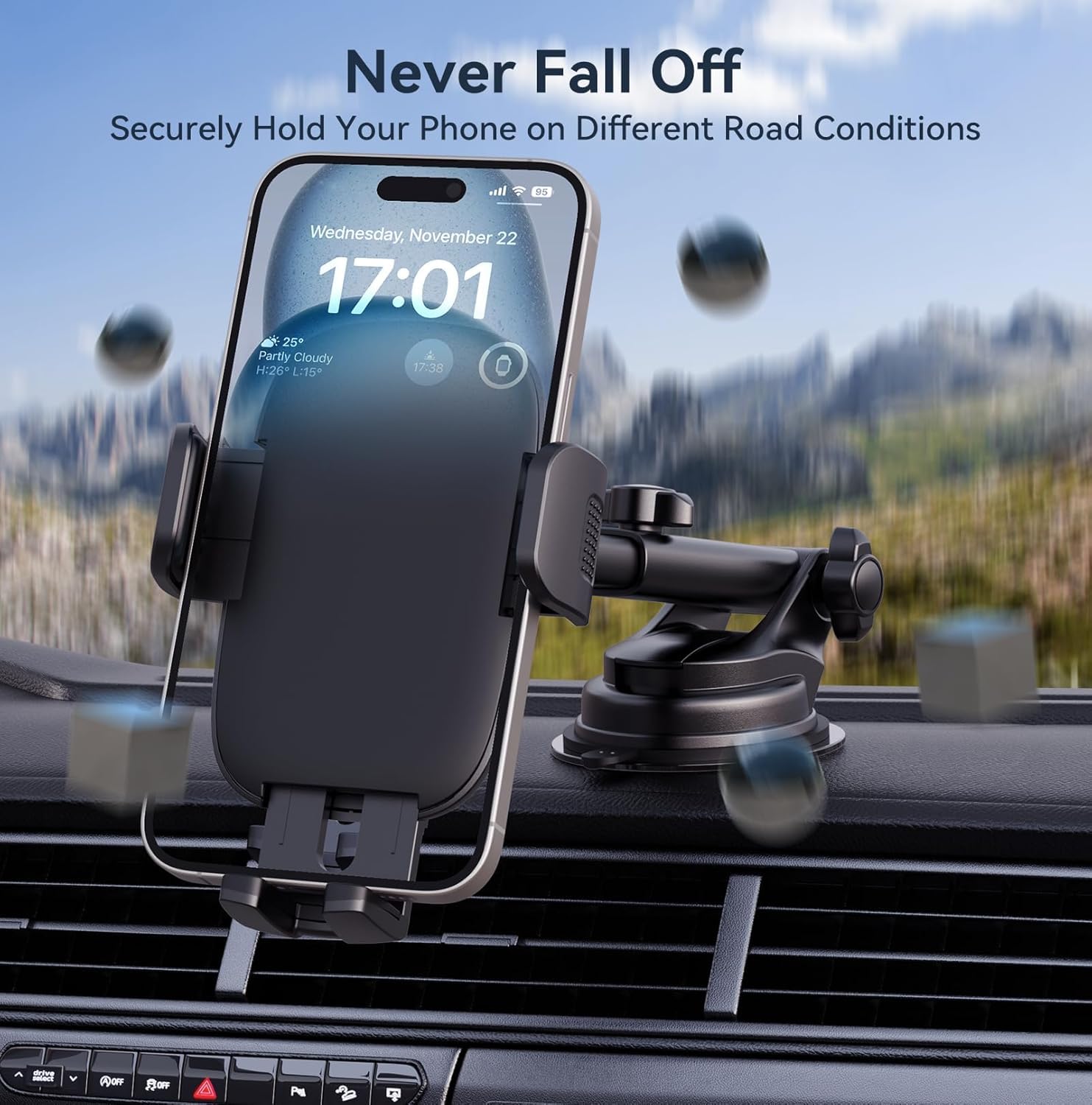 Fesiyoye Phone Holders For Your Car [Ultra-Durable Suction] Cell Phone Car Mount For Dashboard Windshield Air Vent Universal Automotive Accessories Car Mount Cradles Fit For Iphone Android Smartphones
