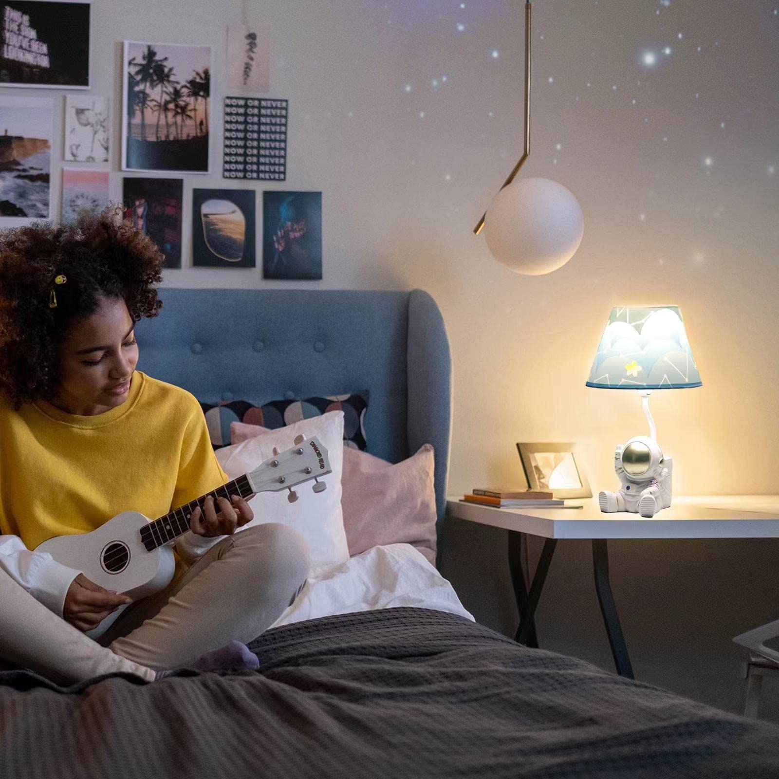 Herbestbay Kids Table Lamp, Golden Astronaut Lamp Design Bedside Table Lamp, 13 Inch Tall Spaceman Lamp With Barrel Lampshade For Kids Bedroom Decor, Come With An Led Bulb (American Astronaut)