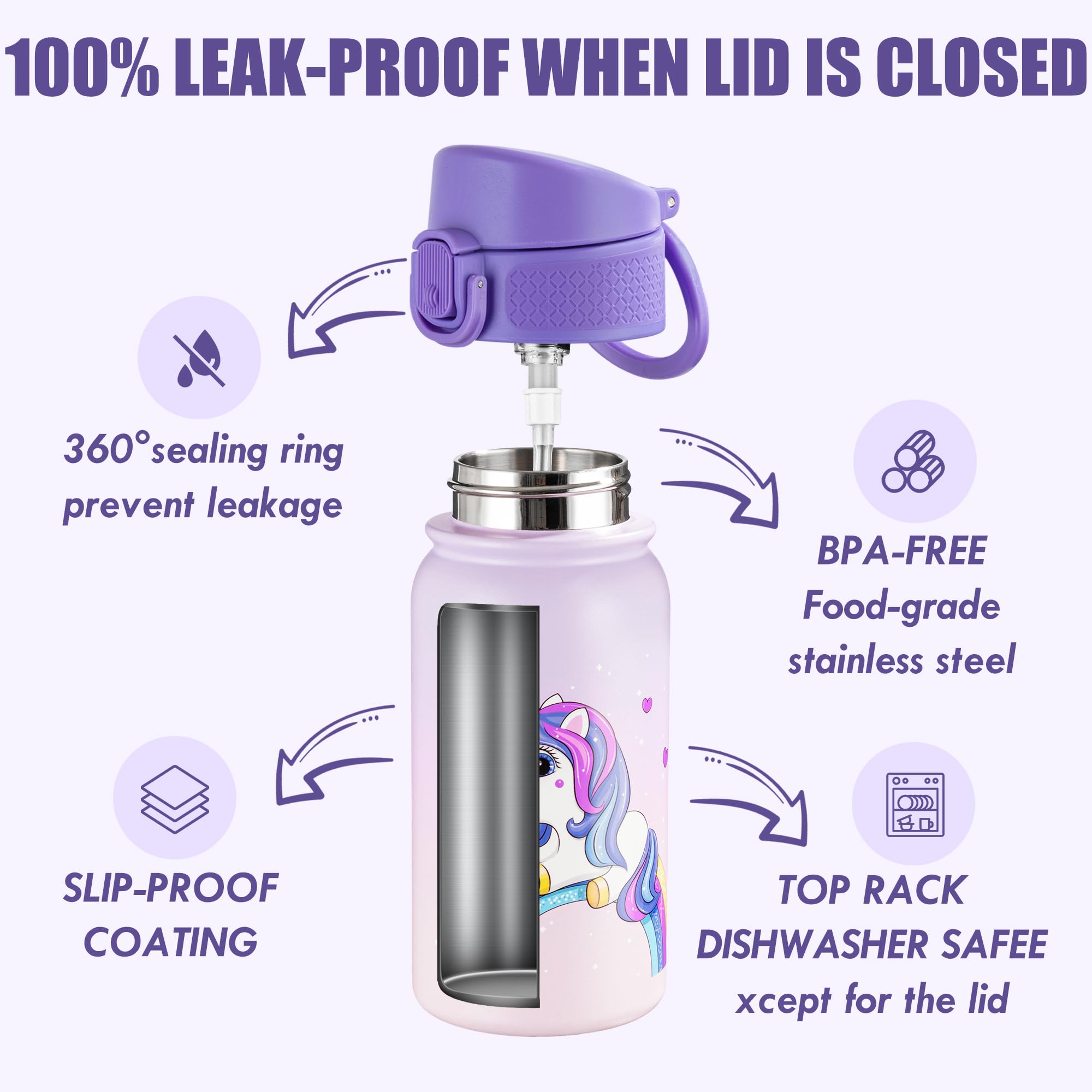 Oldley 12Oz Kids Water Bottle, Stainless Steel Insulated Water Bottle For Kids, With Straws Leak