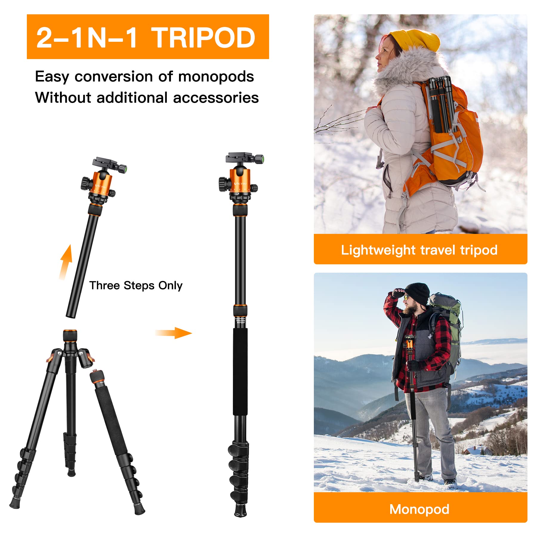 Victiv 82" Tall Camera Tripod Heavy Duty, Aluminum Dslr Tripod Monopod For Photography Travel, Professional Camera Stand For Spotting Scope Telescope Binocular