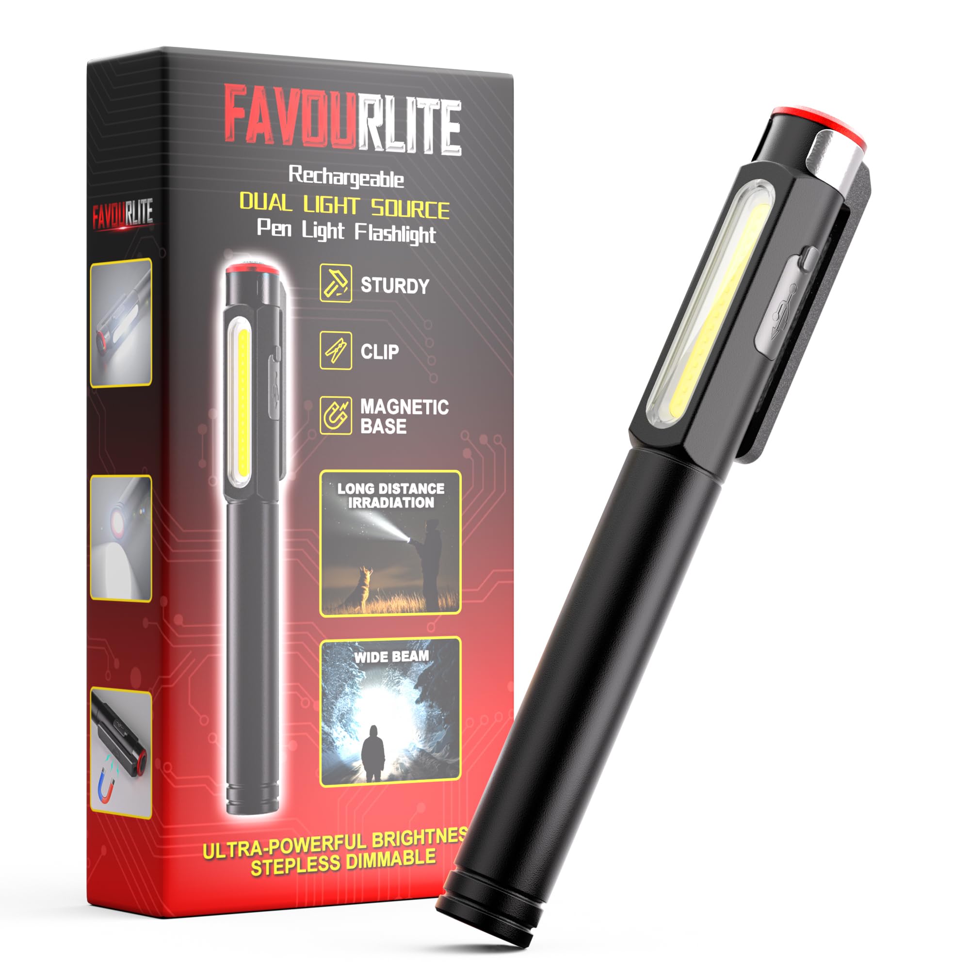 Favourlite Pen Light Flashlight, 800 Lumens Led Pen Flashlights Rechargeable 6 Modes Cob Magnetic Flashlight With Clip Bright Pocket Flashlights Work Light Portable Waterproof Durable Penlight For Nurse