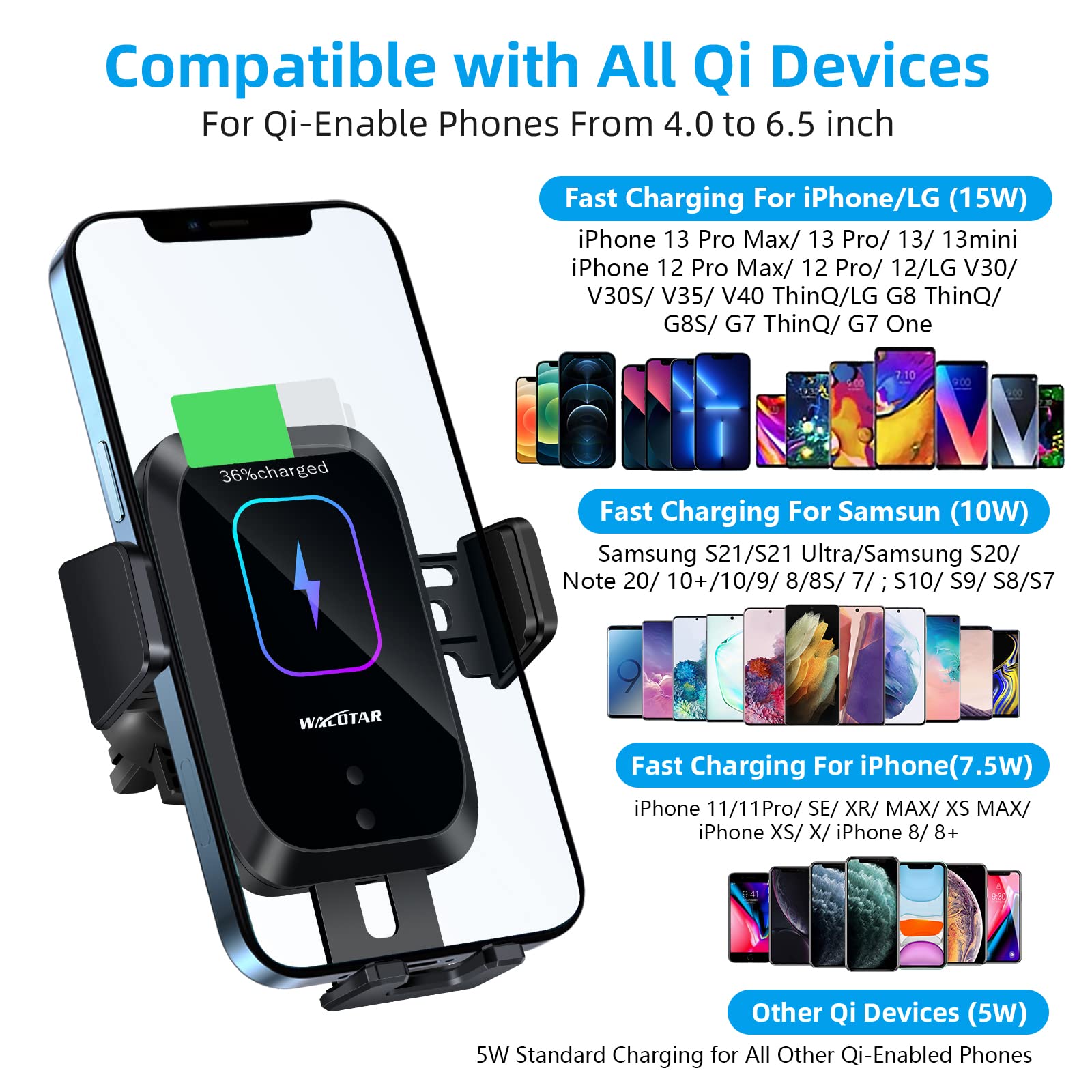 Piosoo Wireless Car Charger-Cup Holder Phone Mount,Automatic Infrared Smart Sensor Clamping Qi 15W Fast Universal Adjustable Cell Phone Wireless Charging Air Vent Cradle