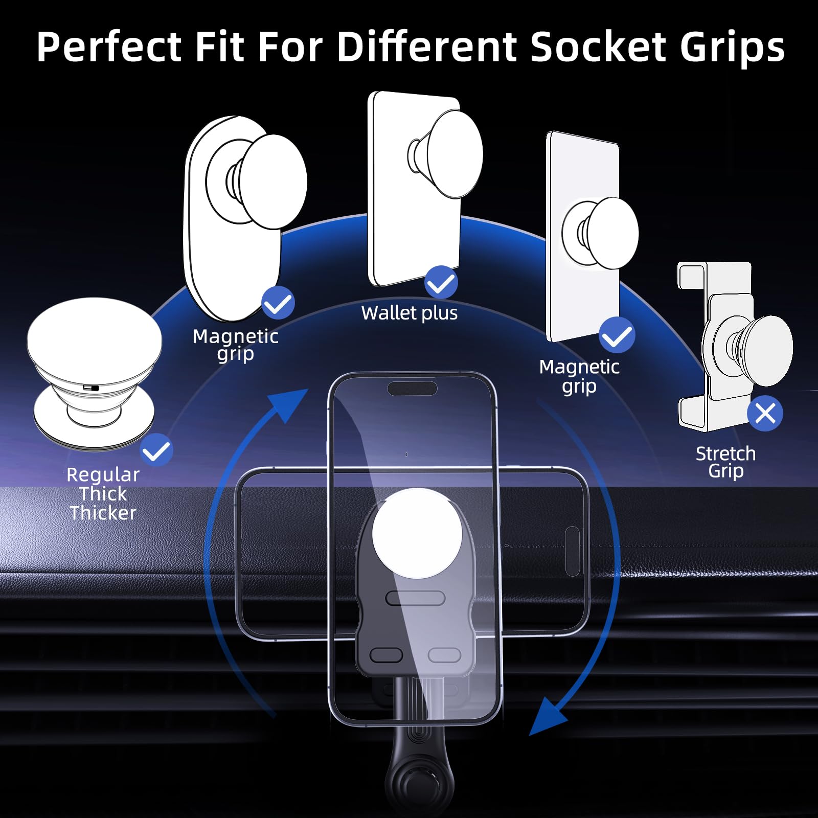 Jcbakc Socket Car Mount For Car Vent [Never Blocking],360° Adjustable Air Vent Mount For Socket Grip，Air Vent Clip Car Phone Holder Fit For Phones With Socket