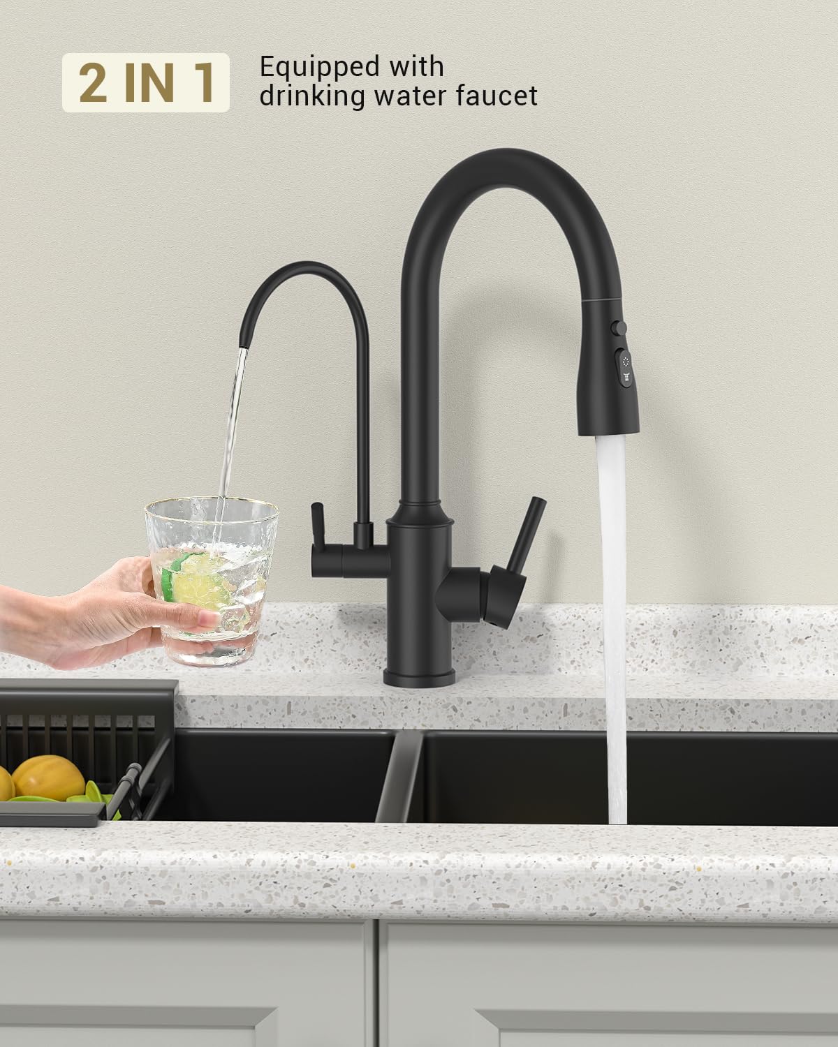 Dayone Matte Black Kitchen Faucet With Drinking Purfied Water Faucet, 3 Holes High Arc 3 In 1 Sink Tap Stainless Steel, Two-Handle 3-Way Pull Down Sprayer, (Without System)