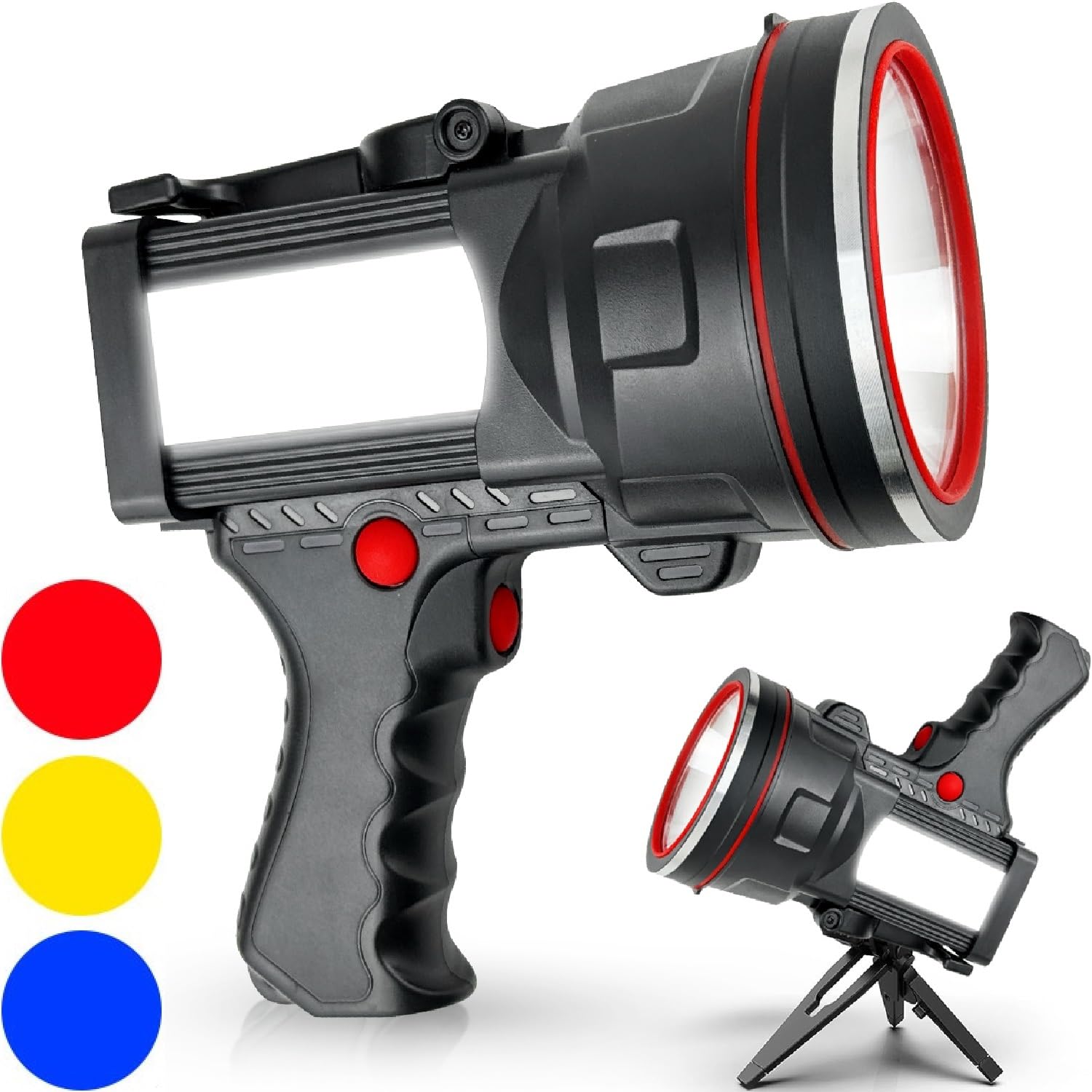 Victoper Spotlight For Camping, 1000000 Lumens Bright Handheld Spot Light, 12000 Mah Rechargeable Led Flashlight, 3+3 Modes 4 Colors Waterproof Spotlight Hunting Caving Camping Essentials Gear
