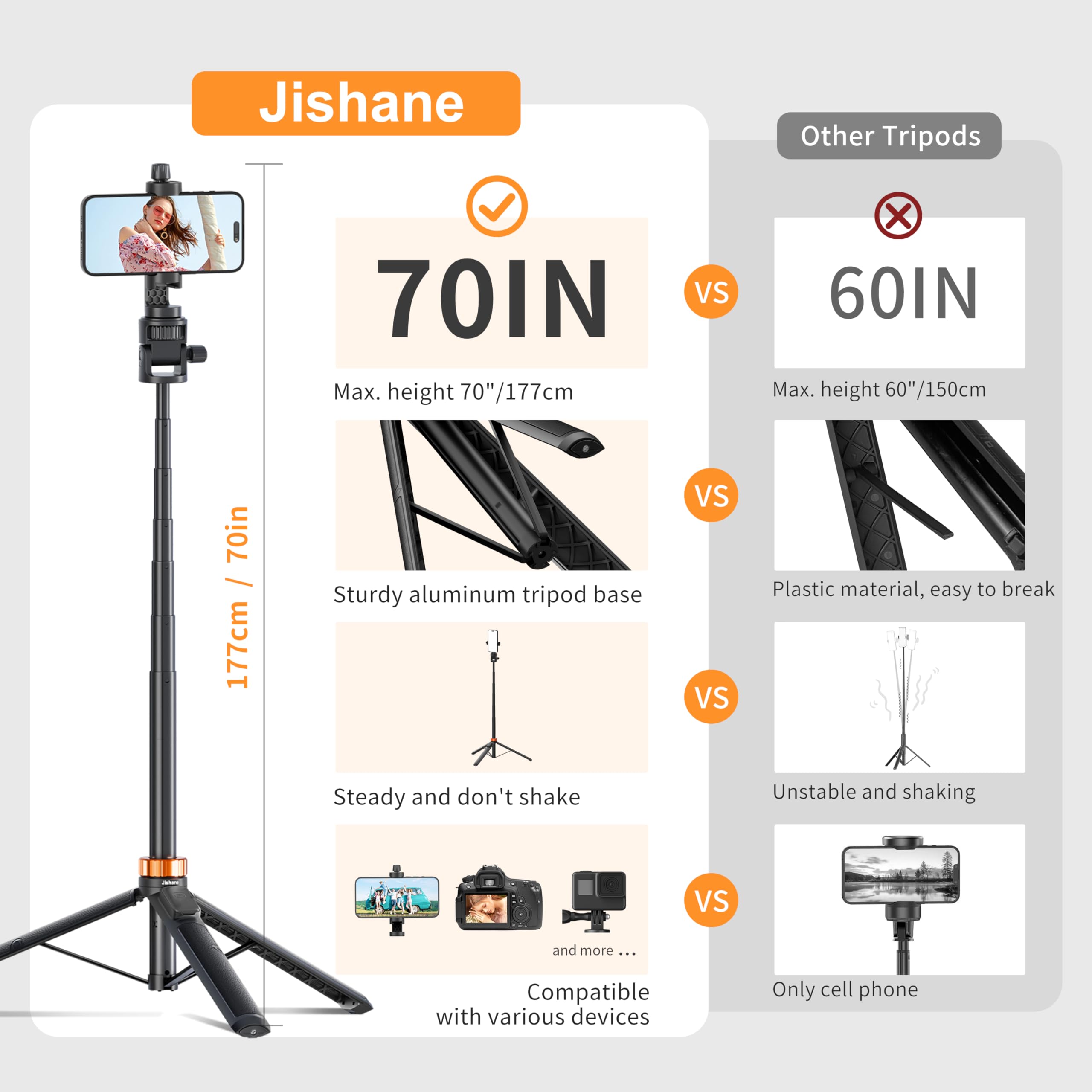 Jishane 70" Phone Tripod & Selfie Stick, Extendable Cell Phone Tripod Stand With Wireless Remote And Phone Holder, Compatible With All Phones, Cameras