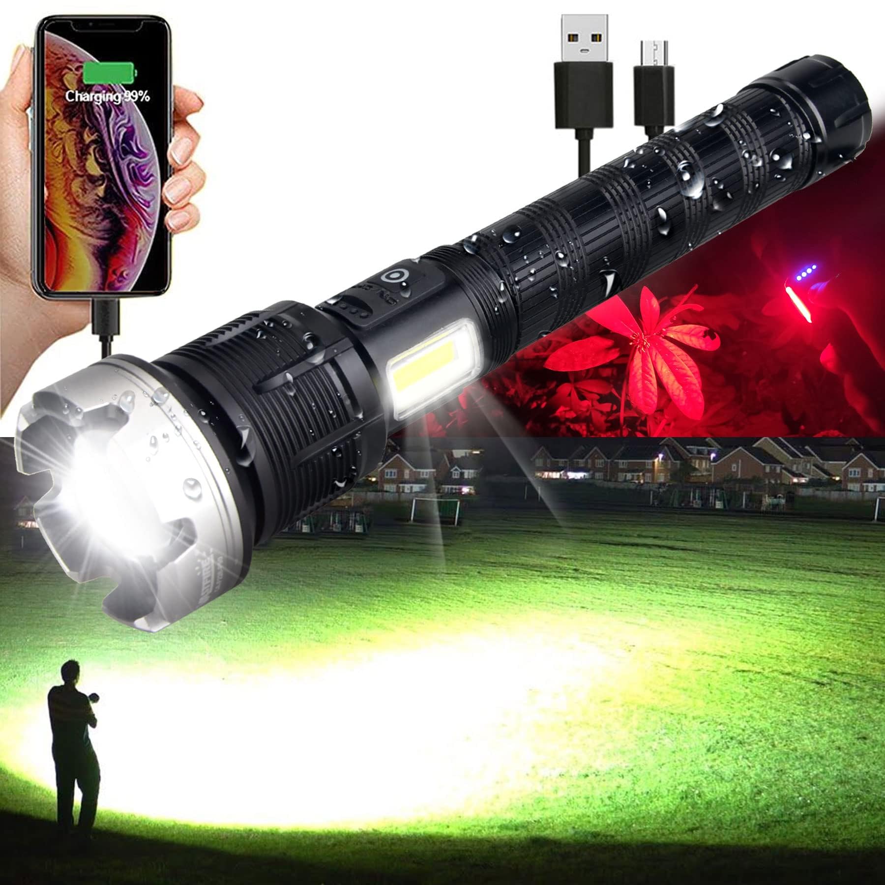 Vastfire Rechargeable Flashlights High Lumens Zoomable  Best Floodlight Spotlight Strobe Light Lanterns Brightest Flashlight For Home Camping Power Outage Cars