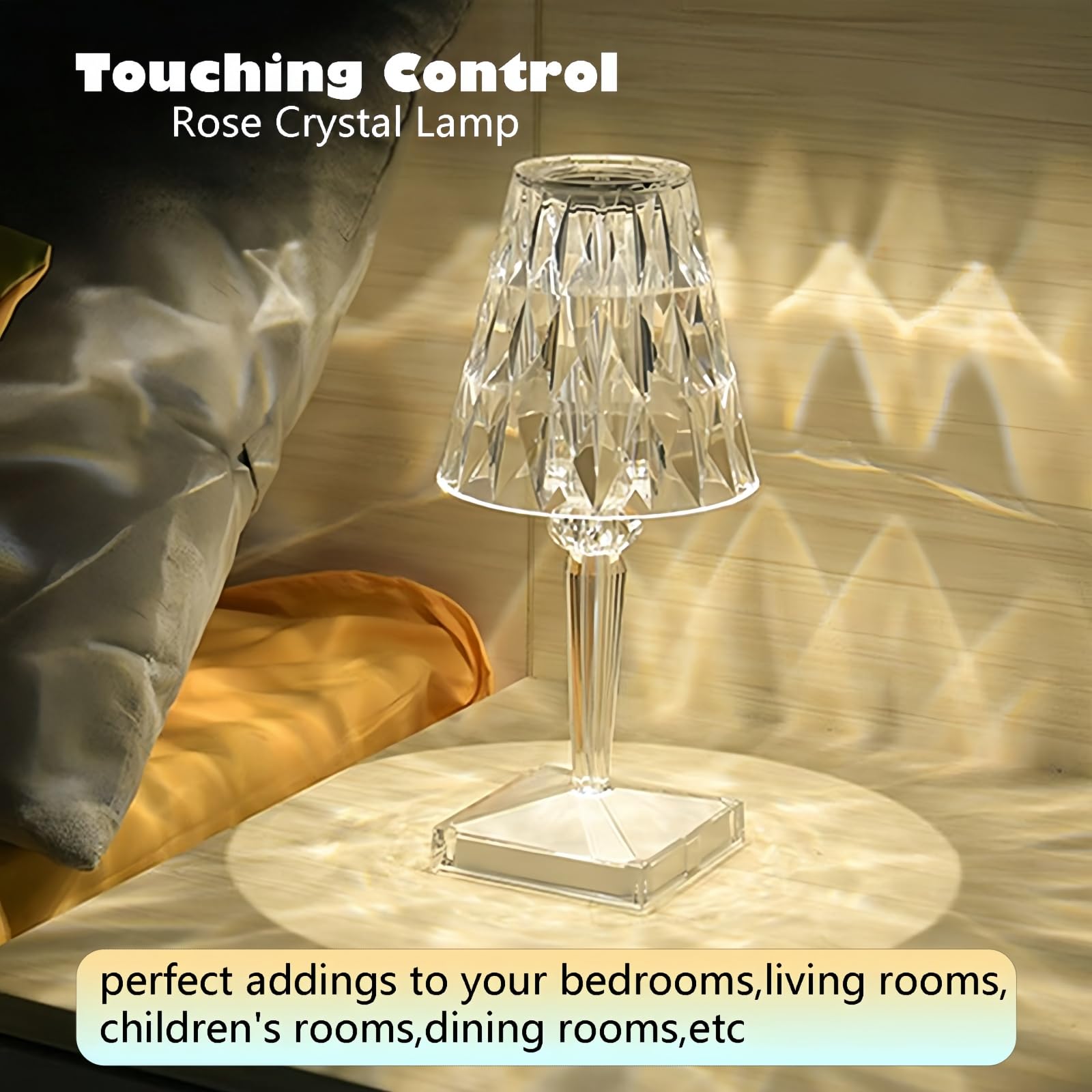 Solis Convene Crystal Cordless Lamp, Touch Dimmable 3 Color Led Rechargeable Romantic Small Lamp, Battery Operated Decor Night Light For Bedroom, Living Room, Party, Dinner, Bar