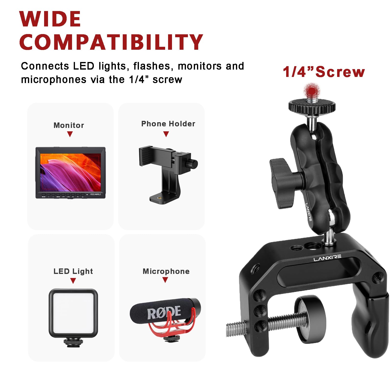 Lanxire Camera Mount Clamp With Mini Magic Arm - 1/4" And 3/8" Threaded Holes - For Camera, Action Camera, Flash, Light, Microphone, Camera Clamp Adapter For Canon, Nikon, Sony, Panasonic, Blackmagic