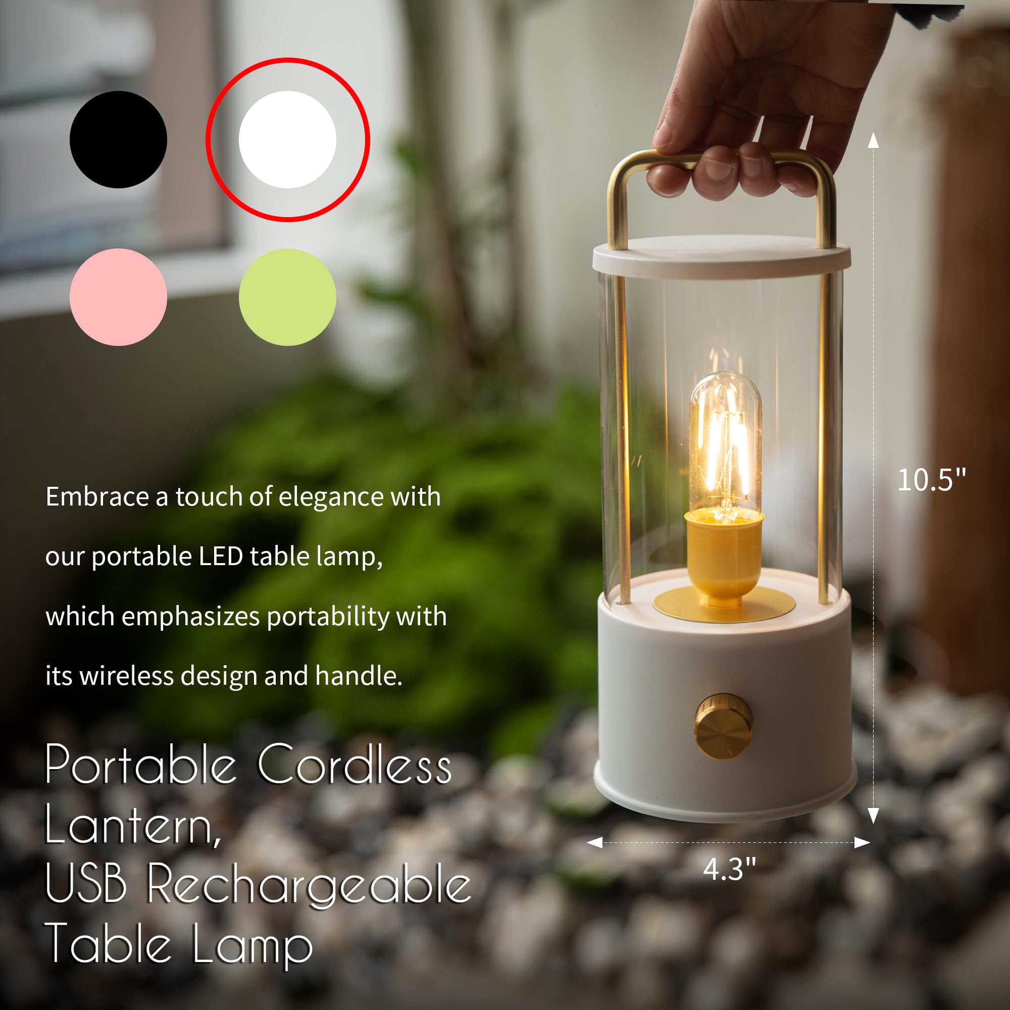 Lusharbor Cordless Table Lamp, Portable Lantern Rechargeable Led Battery Operated Lamp Stepless Dimming, Hanging Desk Bedside Small Table Lamp For Nightstand Camping Tabletop Bedroom White