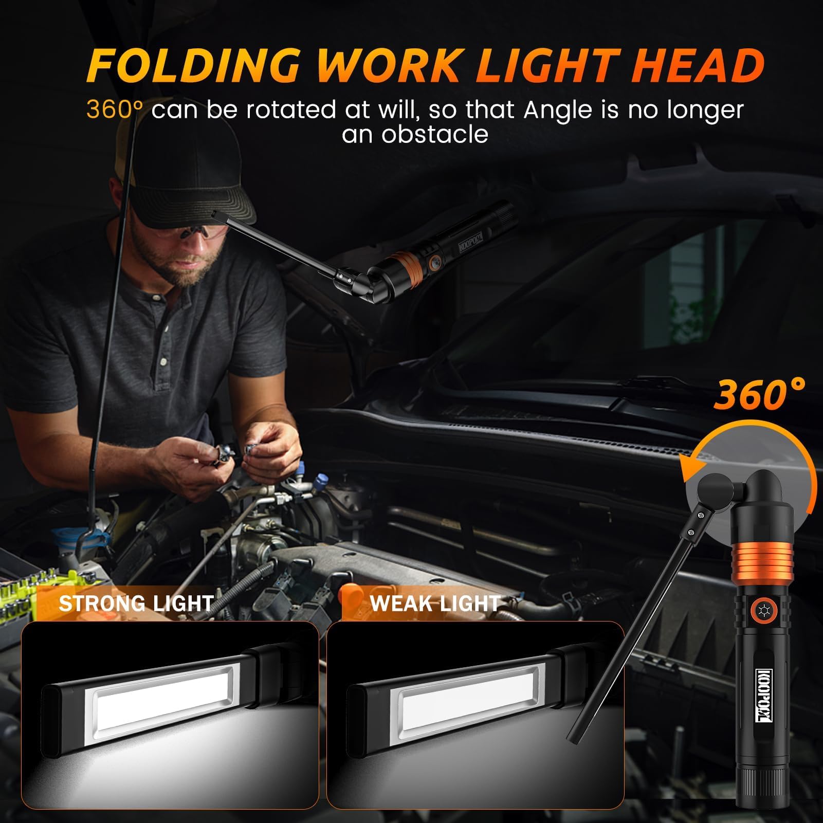 Koopool Tool  For Men, 650,000 Lumens Rechargeable Flashlight, 3-In-1 Led Work Light With Magnetic Base & Pick-Up Tool, 5000Mah Battery, Hands- For Garage, Camping, Hiking, Emergency