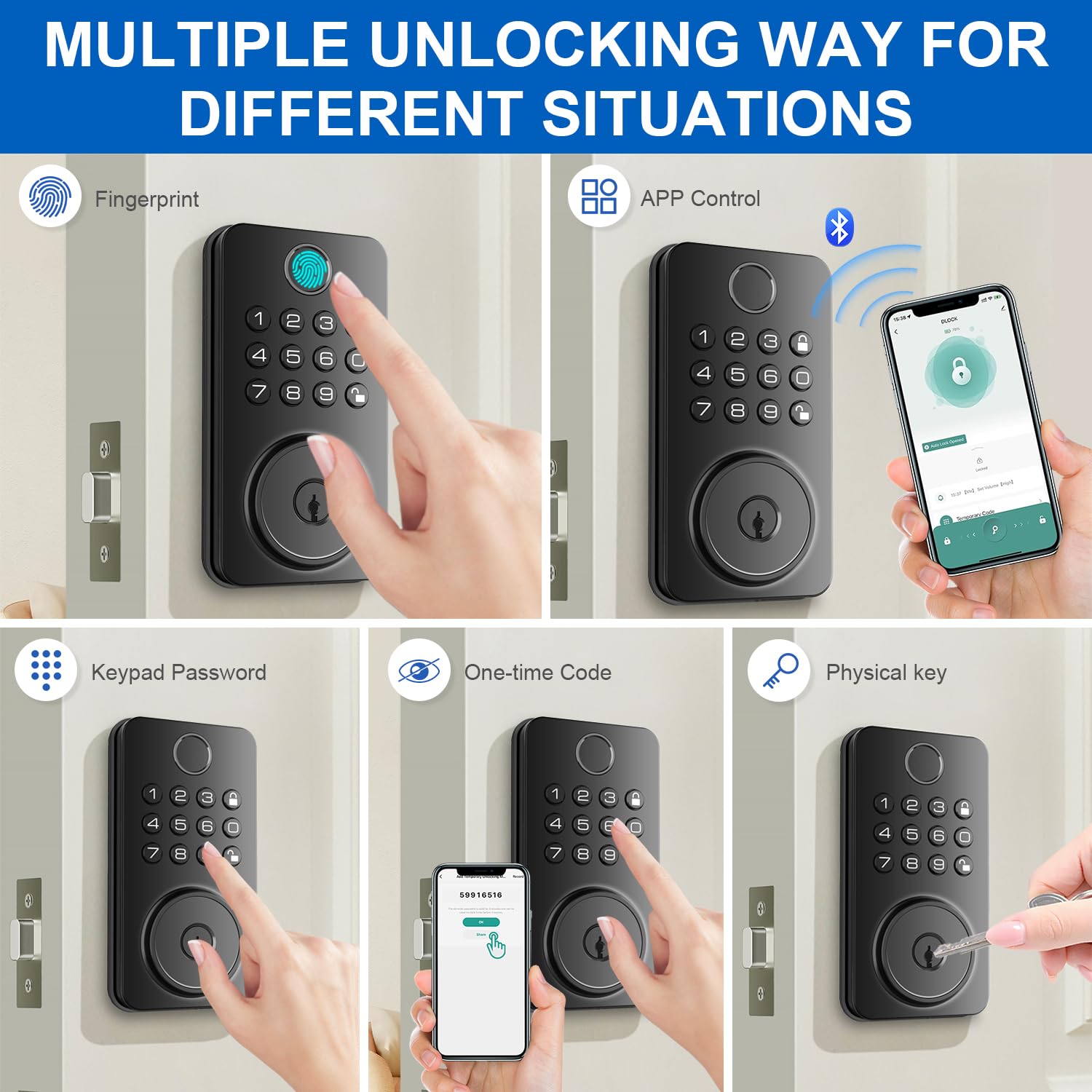 Aulaborer Fingerprint Door Lock Deadbolt With Handle Set – Smart Keyless Entry Lock With 5-In-1 Unlock, Keypad Lock With Autolock, App Control – Easy Diy Installation For Home & Rental Security (Metal Black)