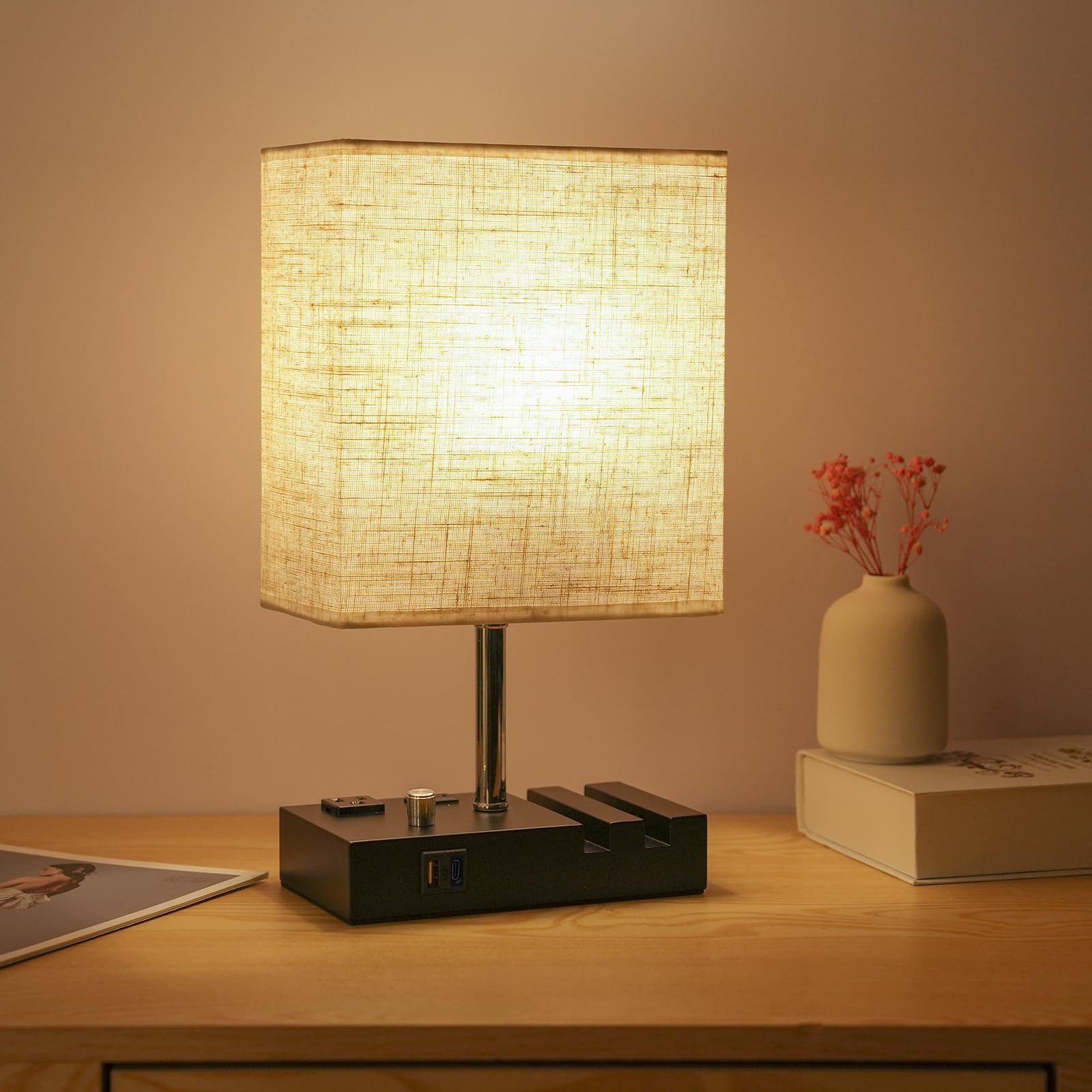 Lixada Nightstand Lamp For Bedroom With Usb A + C Ports, Small Bedside Table Lamp With Charging Outlets And Phone Stands, 3 Color Temperatures Night Stand Light With Bulb For Living Room
