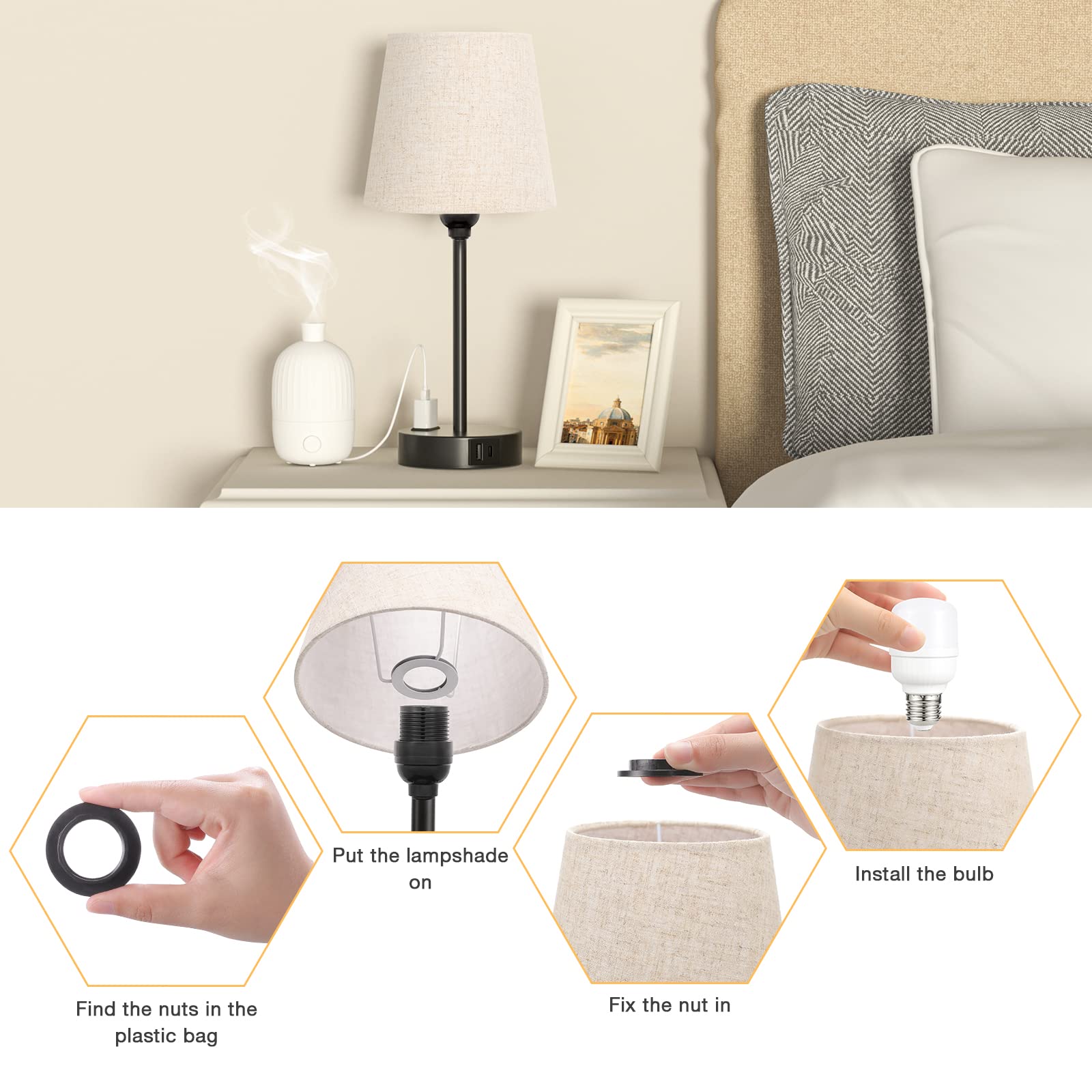 Acaxin Mini Bedside Lamps For Bedrooms Set Of 2 - Nightstand Bedroom Lamps With Usb C Port And Ac Outlet Charging, Dimmable Touch Small Bed Side Table Lamp, Black Night Stand Light For Kids/Guest Room