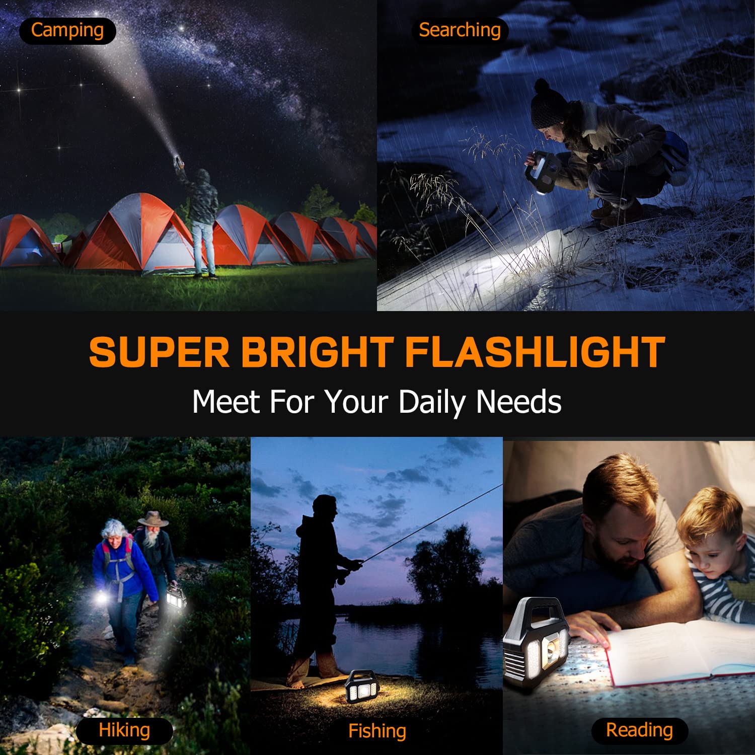 Sjpro Solar Handheld Flashlight With Usb Cable, 6 Modes Rechargeable Multifunction Lights Super Bright Led Searchlight, Lightweight Waterproof Portable Spotlight For Fishing Outdoor Camping Emergencies