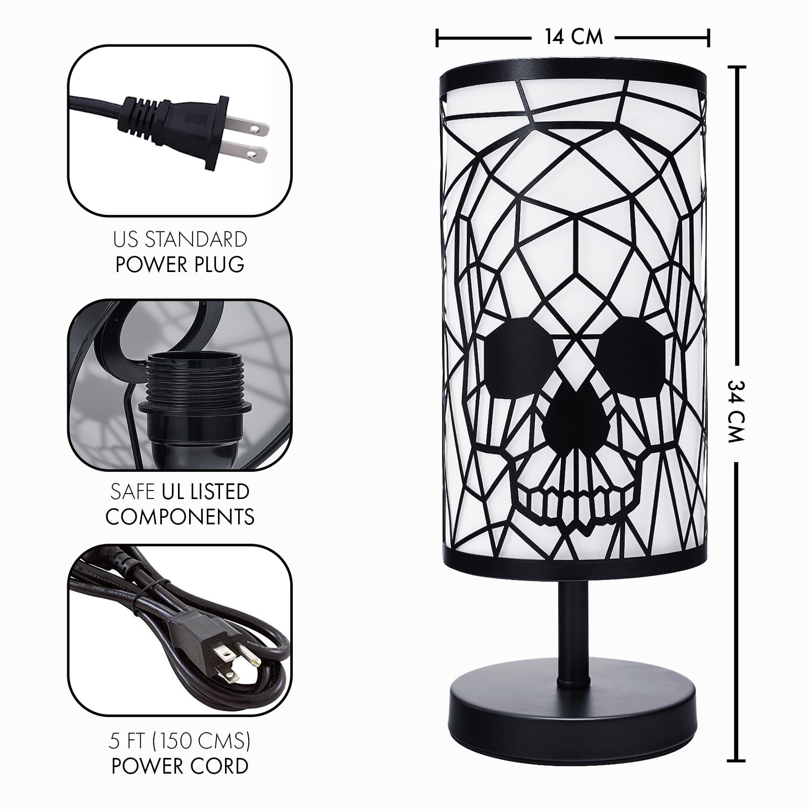 Gute Skull Face Shadow Lamp - Black Goth Skulls Lamps With 3-Dimmable Touch Switch Settings, Gothic Table Lamps, Skulls Home Decor Plug In Light With Round Skeleton Design, Horror Lamp Spooky