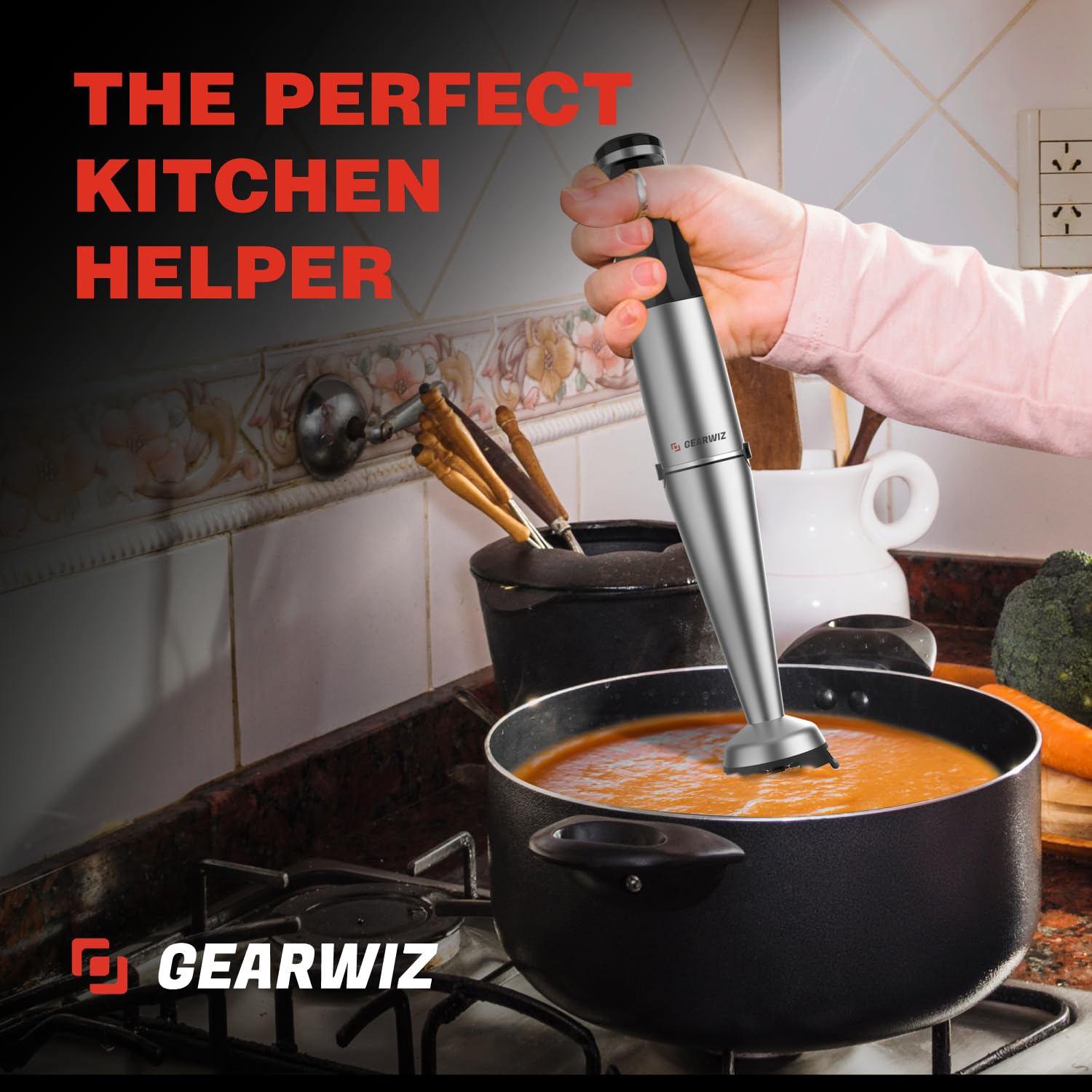 Gearwiz 1100W Corded Hand Blender – 6-In-1 Stick Blender – Variable Speed Immersion Blender With Titanium Blades – Corded Blender With Whisk Chopper Frother Storage Holder & Silicone Cover