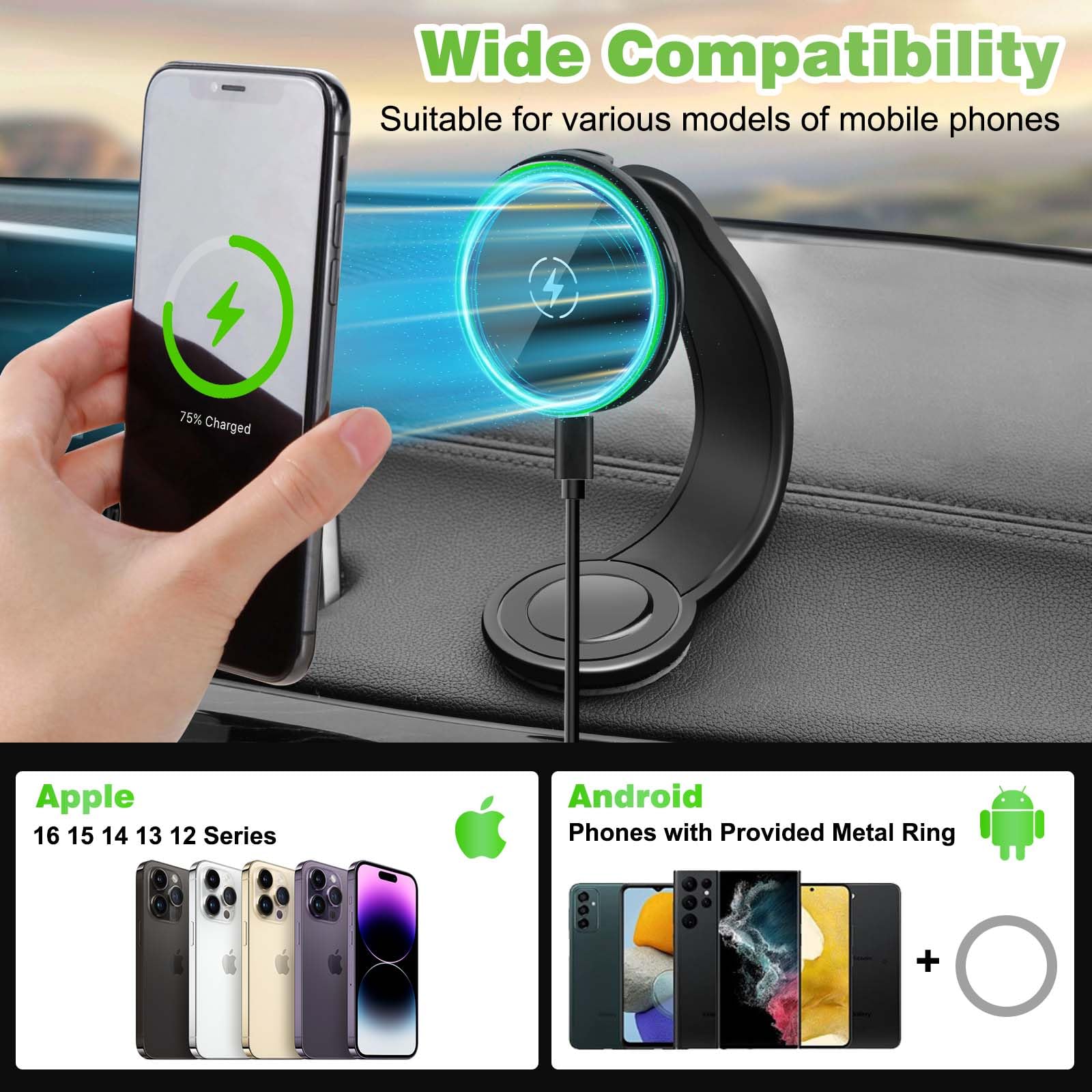 Degum  Magnetic Wireless Car Charger, 15W Fast Charging For Magsafe Car Mount Charger With 360° Adjustable Arm, Relocatable Cell Phone Holder For Iphone, Samsung Galaxy, Google Pixel,  For Men
