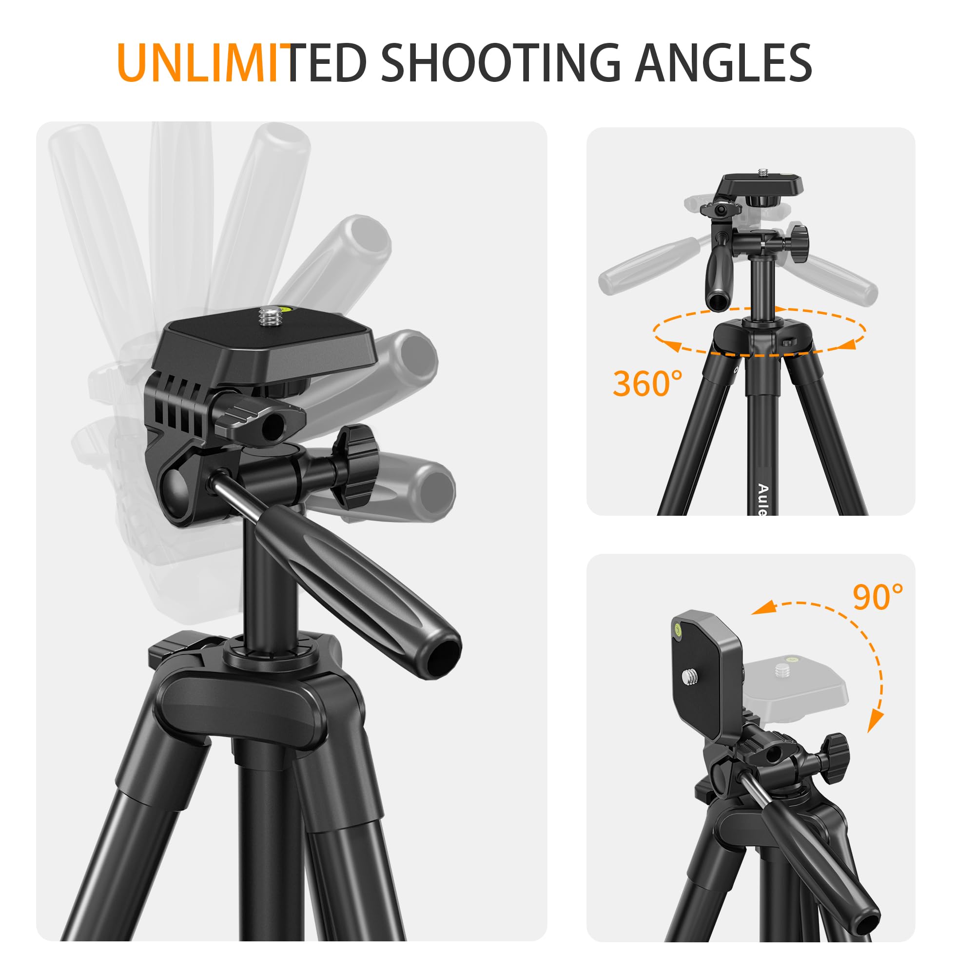 Auleda 60″ Camera Tripod Lightweight Travel Tripod Stand Compatible With Canon Nikon Dslr Cameras With Wireless Remote Phone Holder And Bag Max Load 6.6 Lb Black