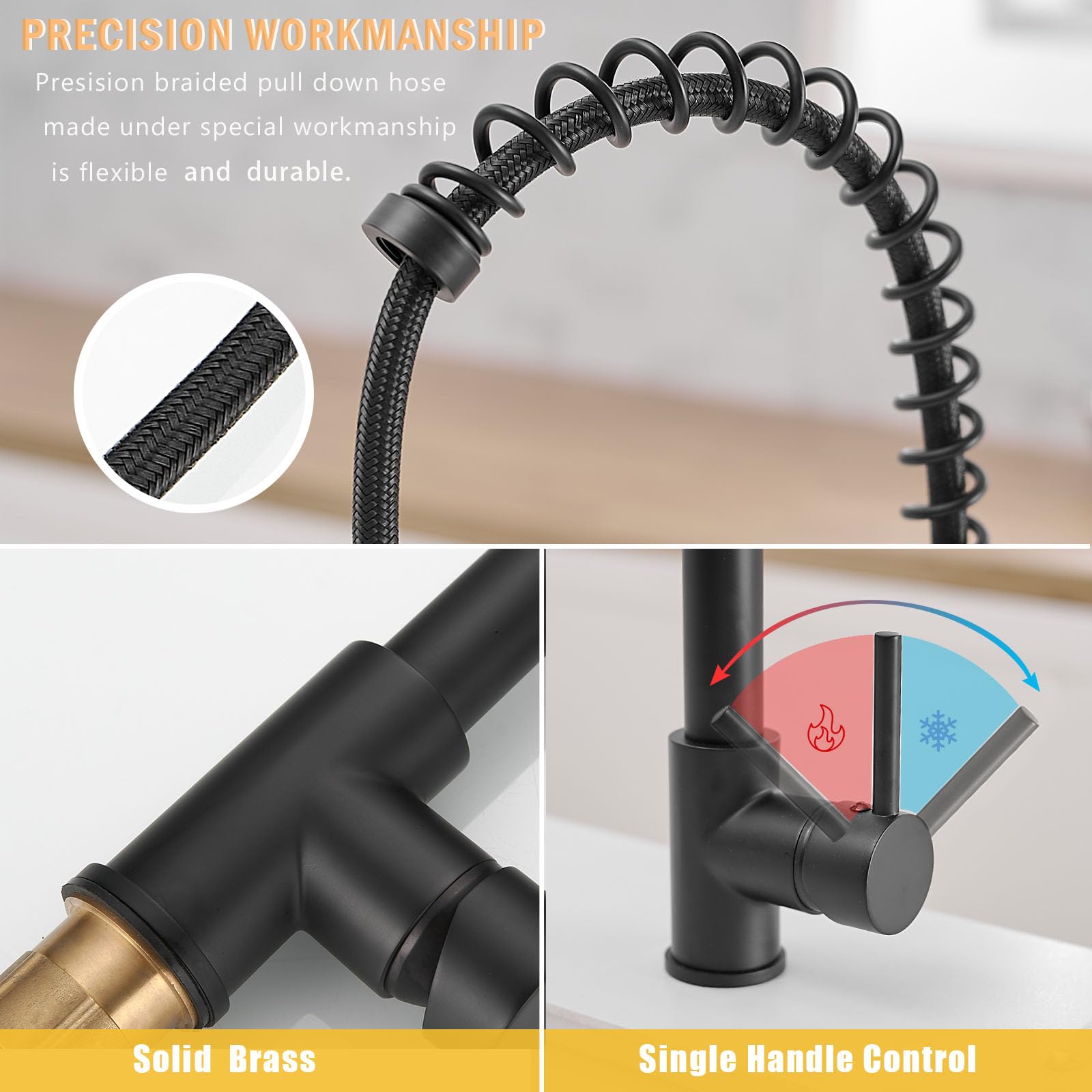 Besy 20 Inch Black Kitchen Faucet With Pull Down Sprayer, Dual Morden Commercial Rv Single Handle Single Hole Double Spout Led Spring Kitchen Sink Faucet With Pot Filler, Matte Black, Brass