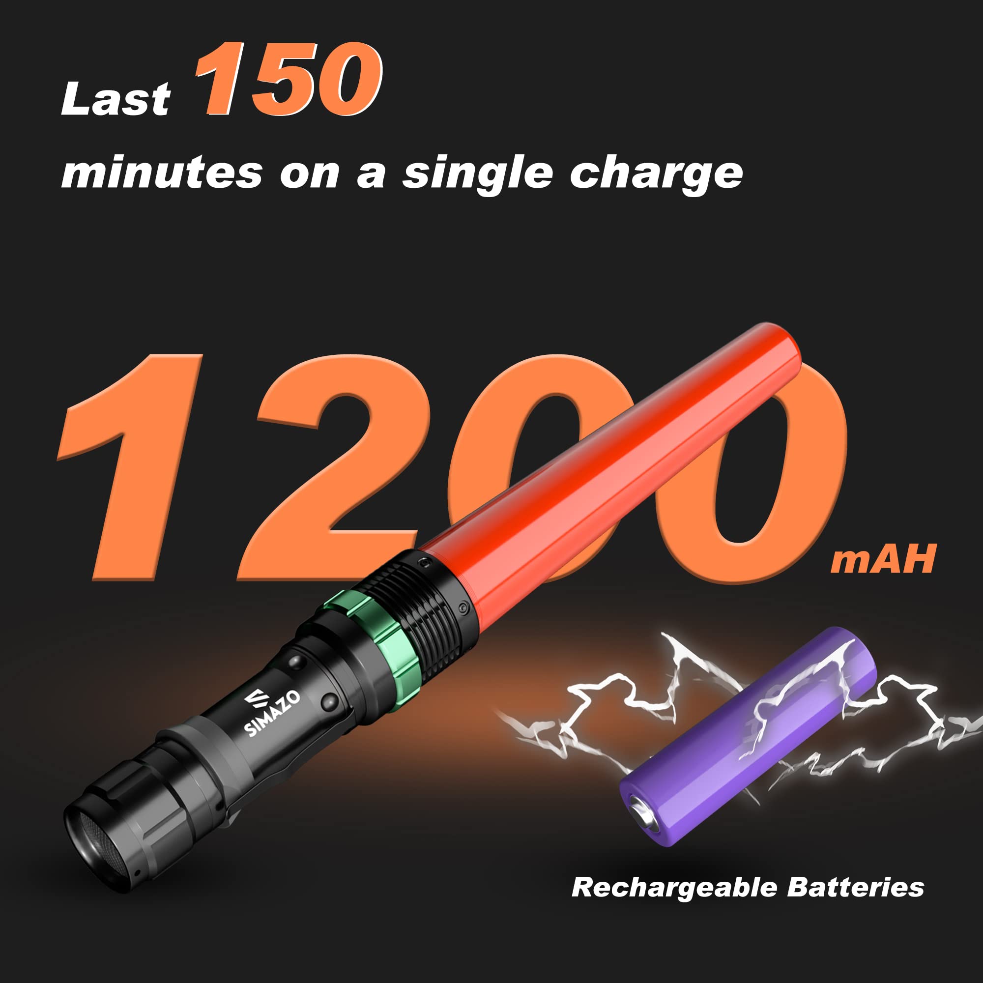 Simazo 2 Pack Rechargeable Traffic Wand, 11 Inch Bright Led Flashlight Baton With 2 Batteries, Air Control Wands With 5 Flashing Modes For Marshalling And Traffic Control