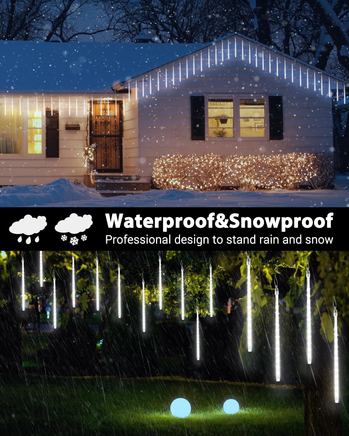 Flacchi White 10 Tube 240 Led Raindrop Meteor Shower Icicle Lights With Timer Function For Holiday Party Christmas Decorations