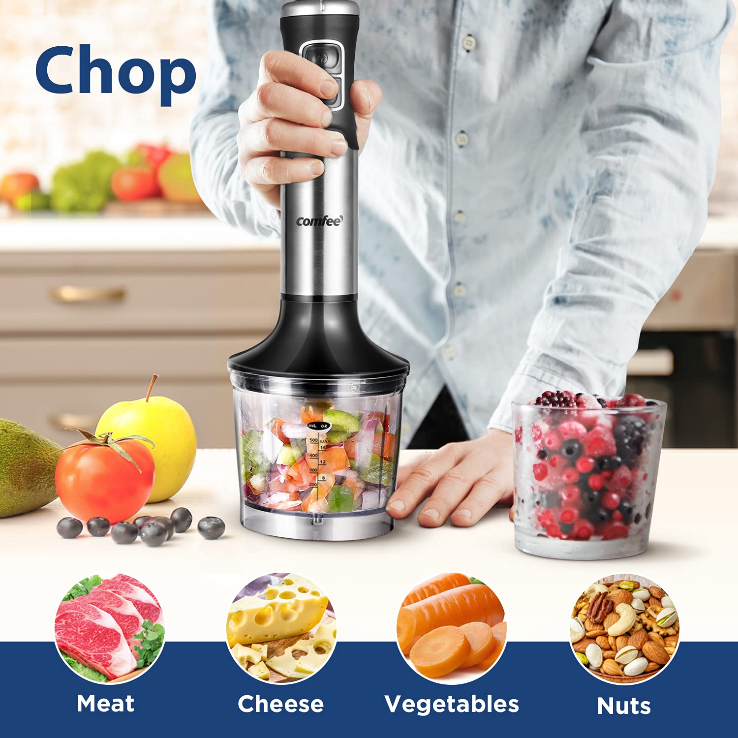 Comfee' Immersion Hand Blender, Brushed Stainless Steel, Multipurpose Stick Blender With 500 Watts, 600Ml Beaker, 500Ml Chopper And Whisk, Perfect For Baby Food, Smoothies, Sauces And Soups, Black