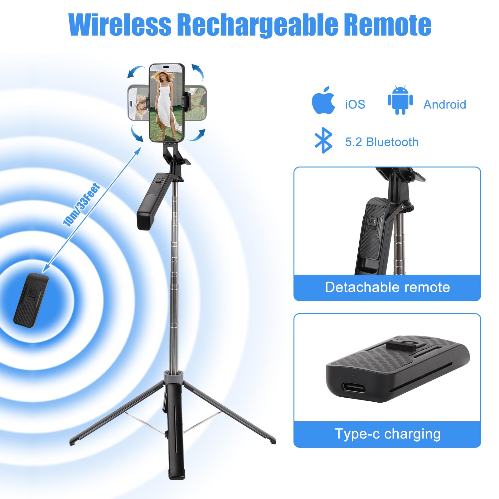 Longzhuo Selfie Stick Tripod, 70.87" Cell Phone Tripods, Extendable Tripod Selfie Stick For Iphone Stainless Steel Travel Tripods 360° Rotating Phone Stand For Video Recording