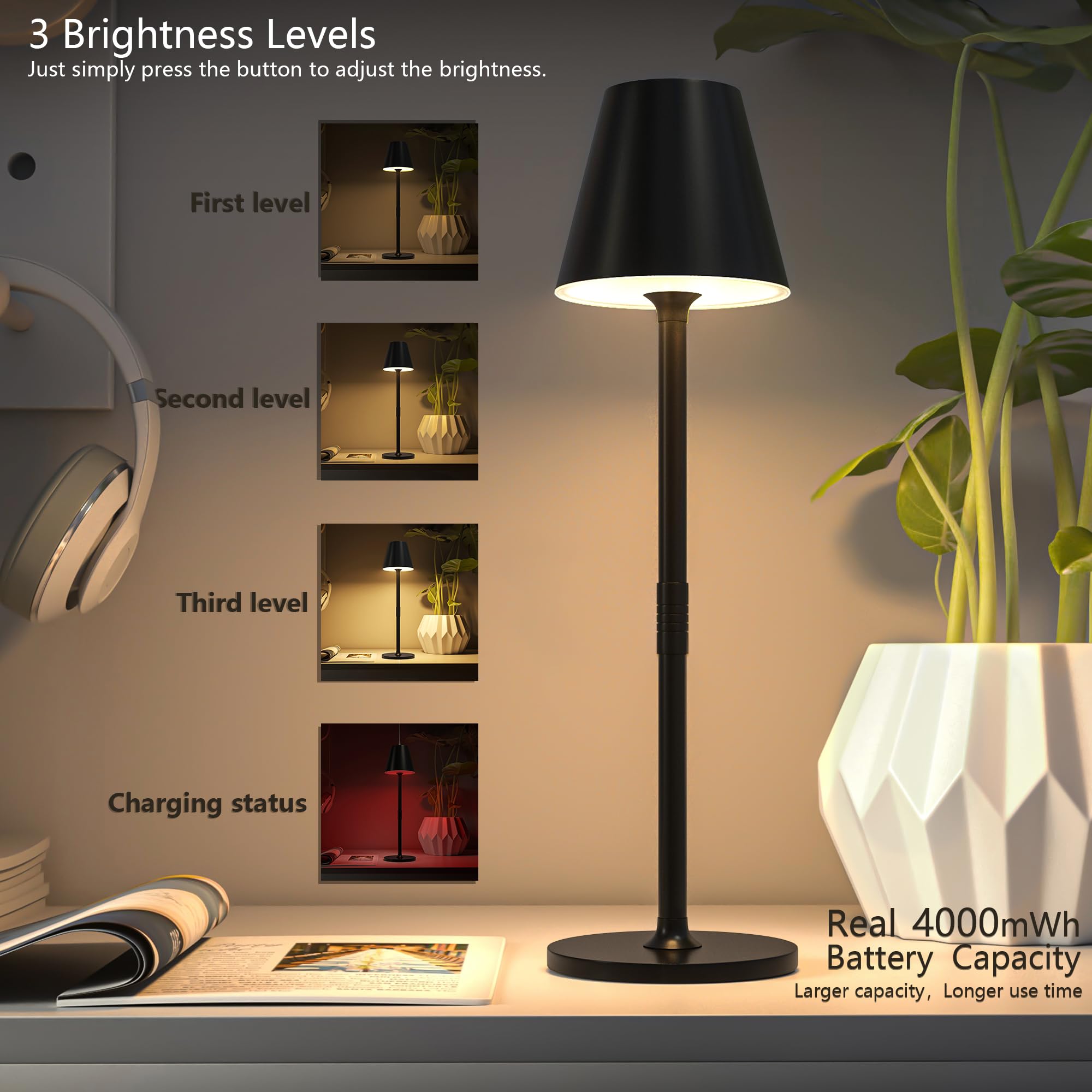 Timjorman Modern Led Cordless Table Lamp, 4000Mah Rechargeable Battery, 3 Level Brightness Night Light, Metal Shell, Minimalist Design, For Couples Dinner/Coffee Table/Restaurant/Bedroom, Black