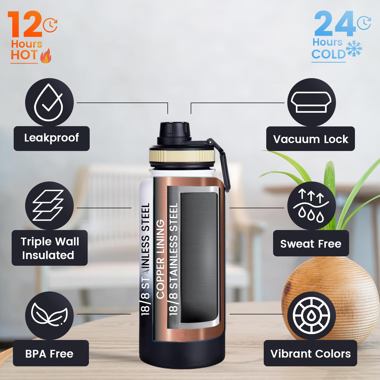 Water Bottle 32Oz, Triple Walled Insulated Stainless Steel Reusable Bottle, Silicone Sleeve