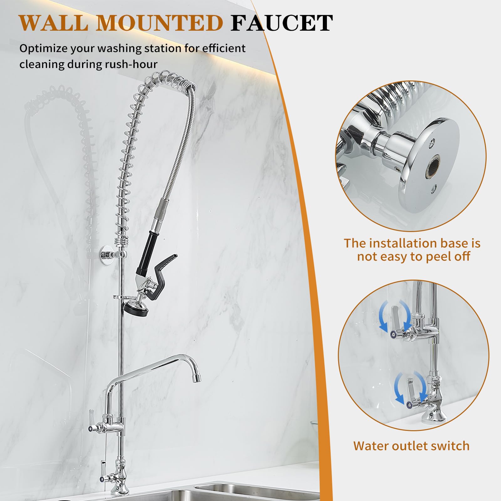 Bathfinesse Commercial Sink Faucet With Sprayer 43" Height Deck Mount 1 Hole Single Handle Coiled Spring Pull Down Spray Pre Rinse Restaurant Kitchen Faucet With High Pressure Spray Valve