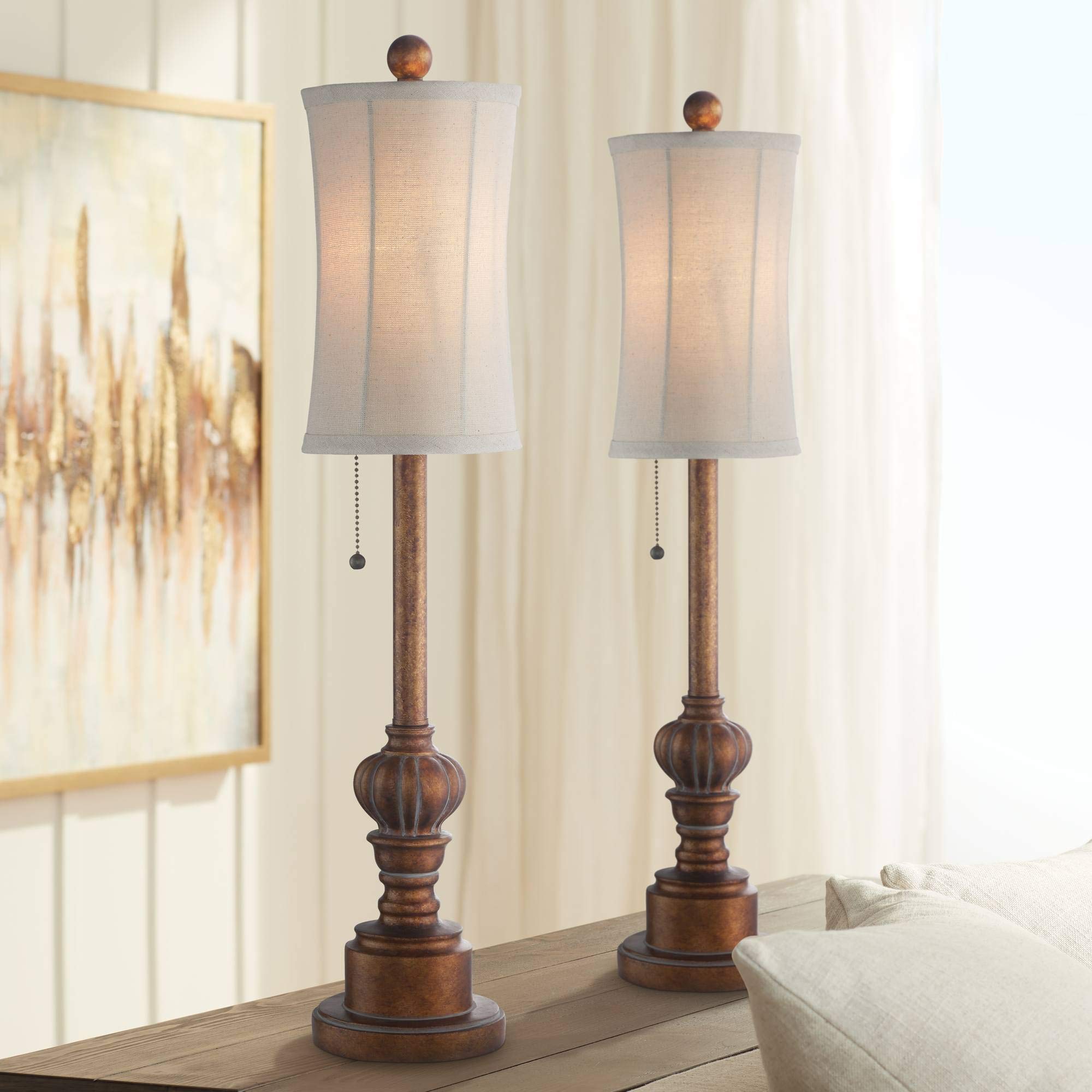 Regency Hill Bertie Traditional Natural Cottage Buffet Table Lamps 28" Tall Skinny Set Of 2 Warm Brown Wood Tone Fabric Drum Shade Decor For Living Room Bedroom House Bedside Nightstand Home